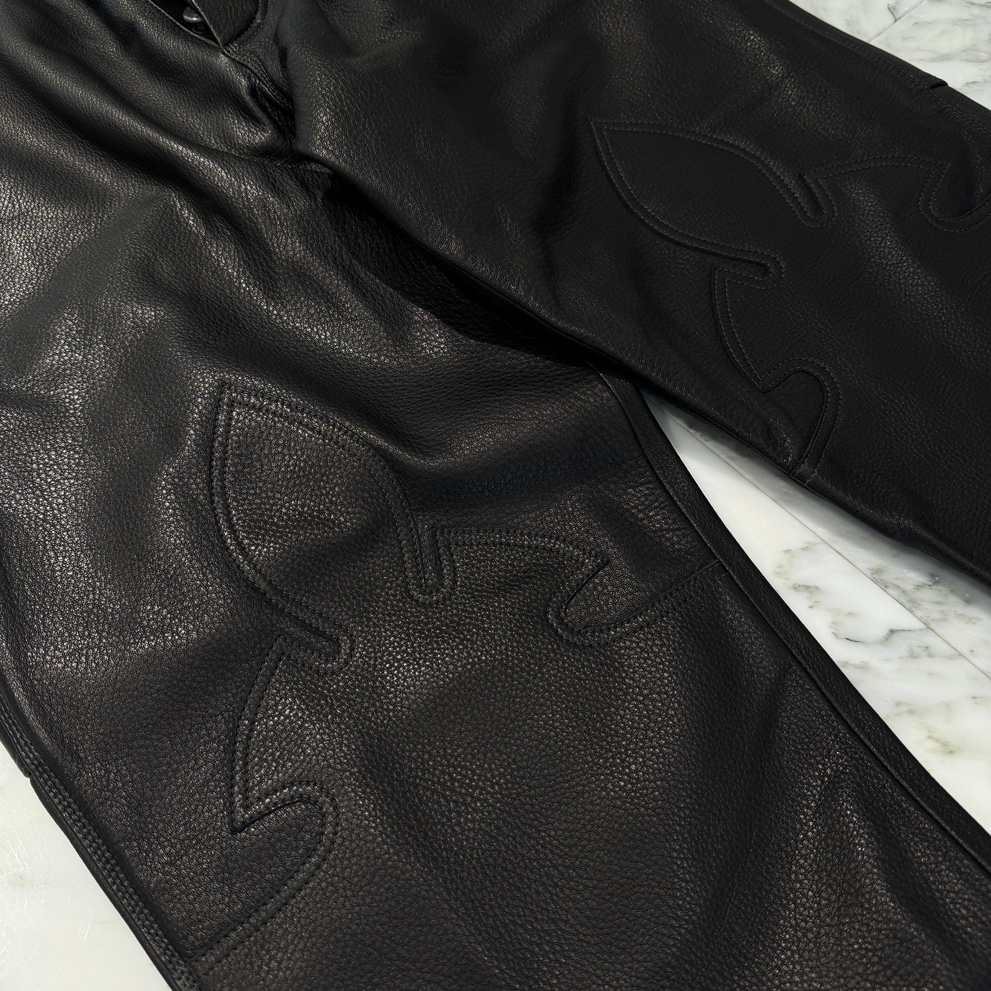 CHROME HEARTS Flare Knee Cross Ball Button Leather Pants Size 32 クロムハーツ フレアニー クロスボールボタン レザーパンツ サイズ32