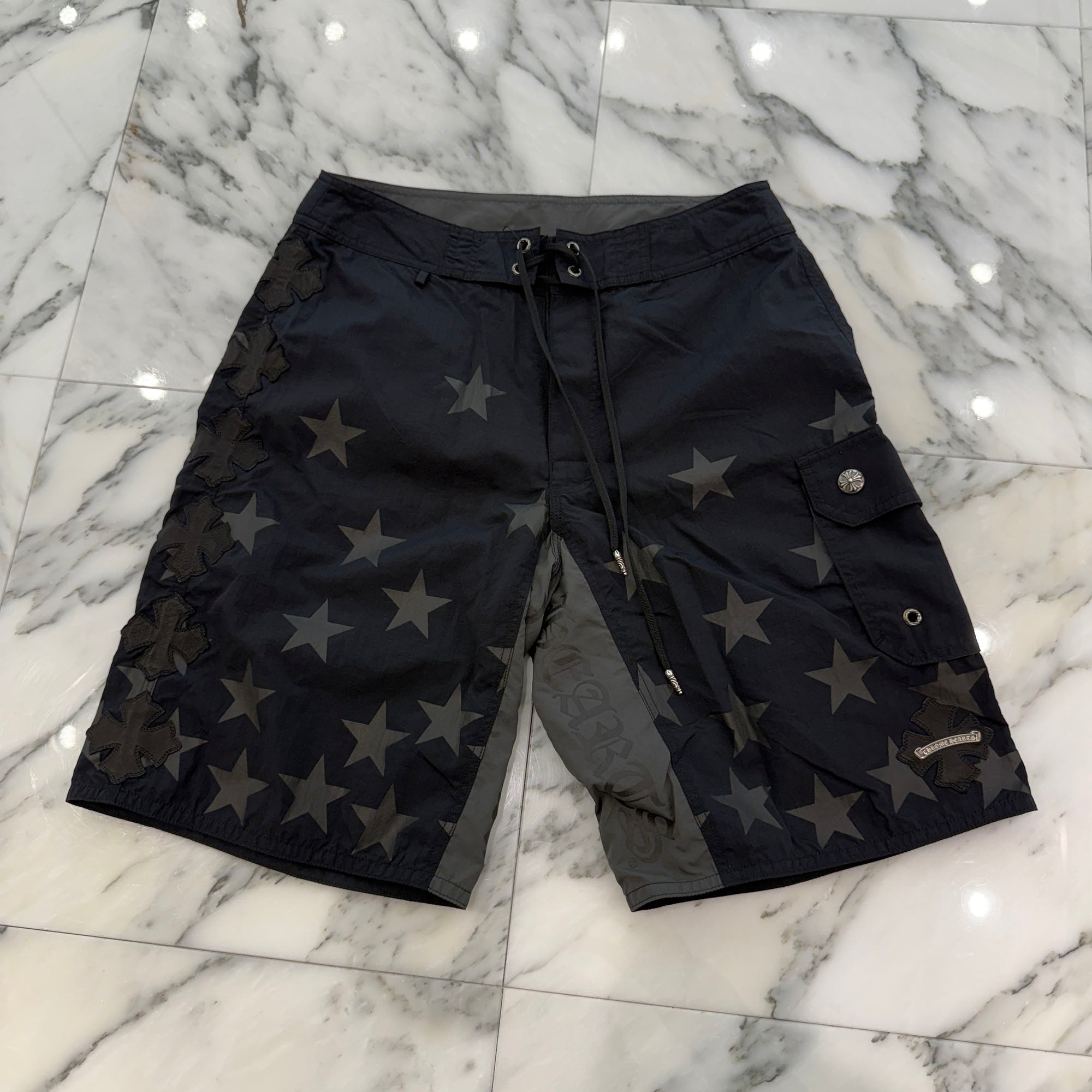 CHROME HEARTS 1 Cross Leather Patch Star Surf Short Pants Size 30 クロムハーツ 1 クロス レザーパッチ スターサーフショートパンツ サイズ30