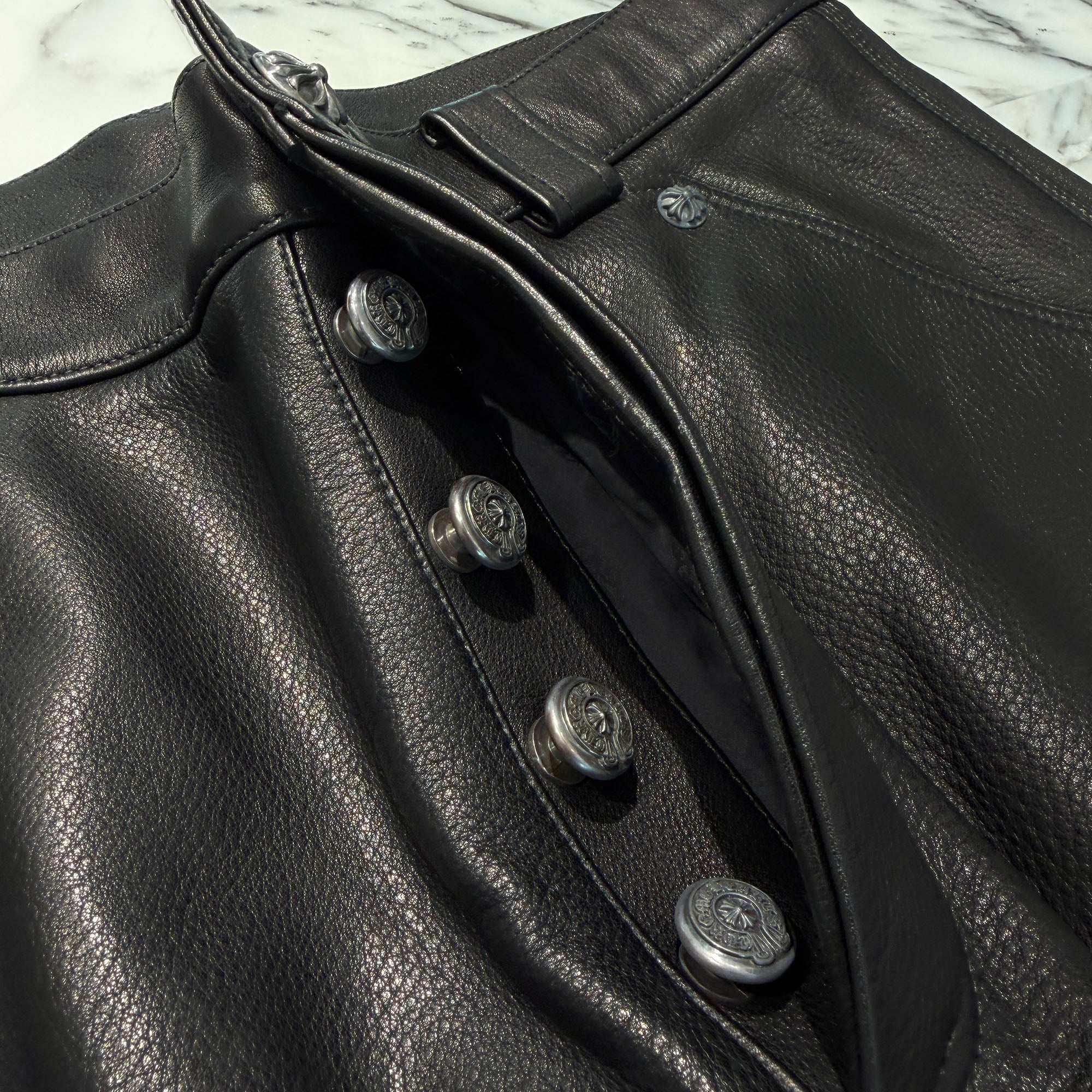 CHROME HEARTS Flare Knee Cross Ball Button Leather Pants Size 32 クロムハーツ フレアニー クロスボールボタン レザーパンツ サイズ32