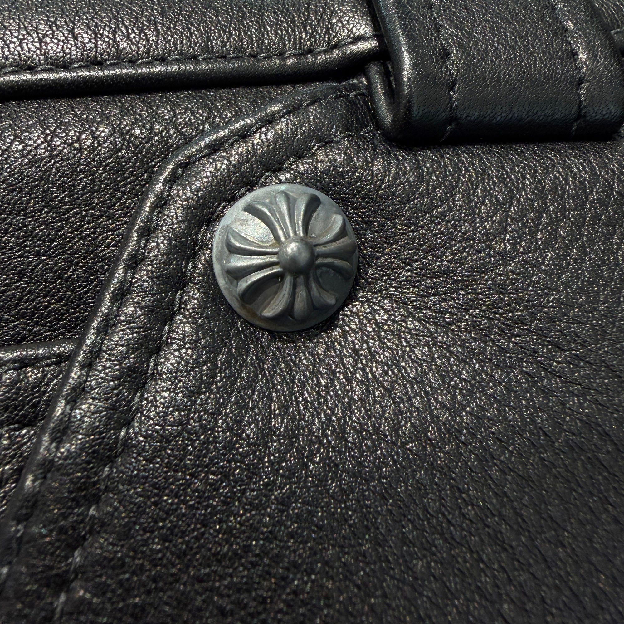 CHROME HEARTS Flare Knee Cross Ball Button Leather Pants Size 32 クロムハーツ フレアニー クロスボールボタン レザーパンツ サイズ32