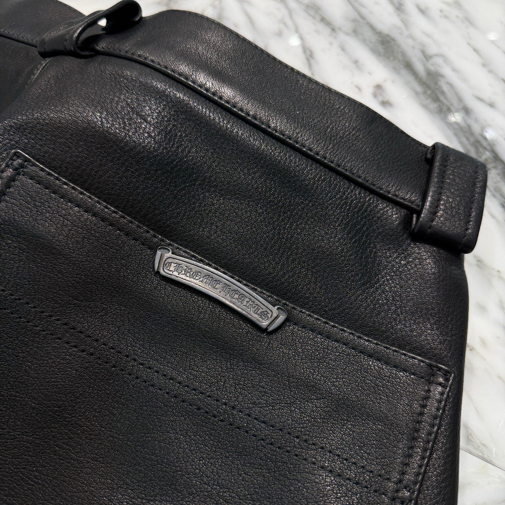 CHROME HEARTS Flare Knee Cross Ball Button Leather Pants Size 32 クロムハーツ フレアニー クロスボールボタン レザーパンツ サイズ32