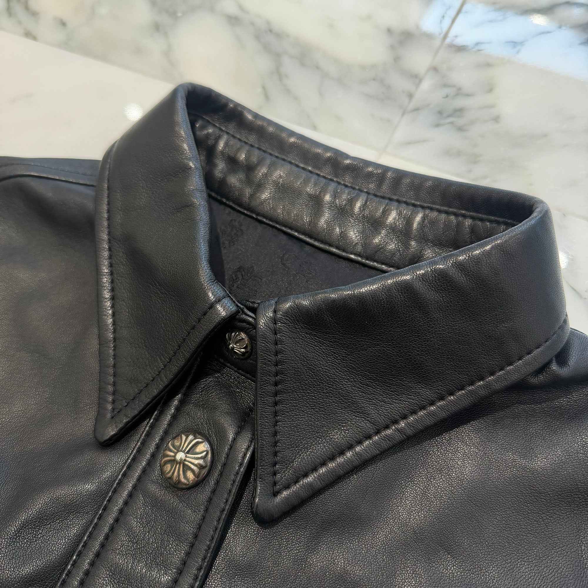 CHROME HEARTS Y NOT WORK DOG Cross Ball Button Leather Jacket Size S クロムハーツ ワイノット ワークドッグ クロスボールボタン レザージャケット サイズS