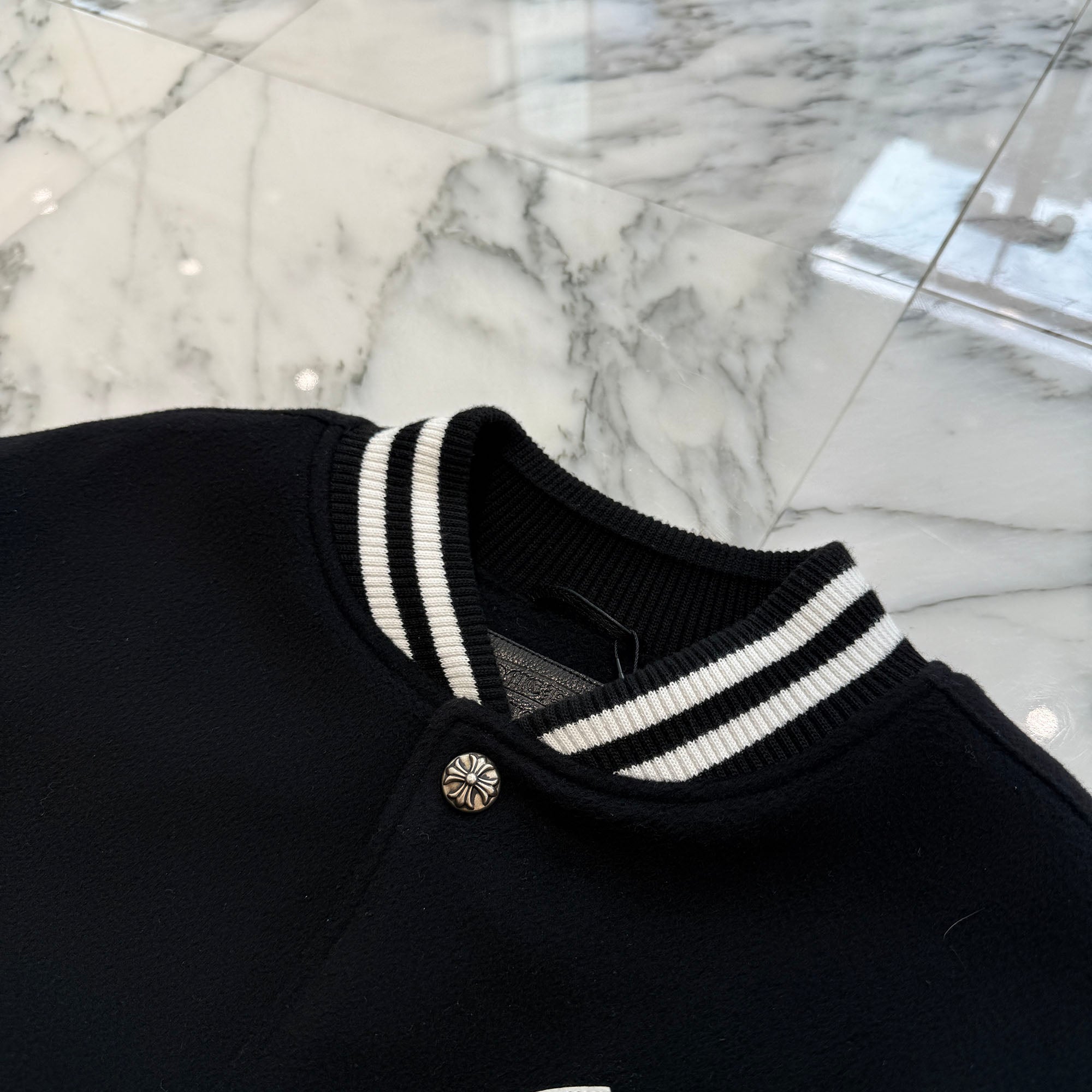 CHROME HEARTS CHICKEN 33 Cross Patch Leather Sleeve Varcity Jacket Size XL クロムハーツ チキンジャケット 33 クロスパッチ レザースリーブ バーシティジャケット サイズXL