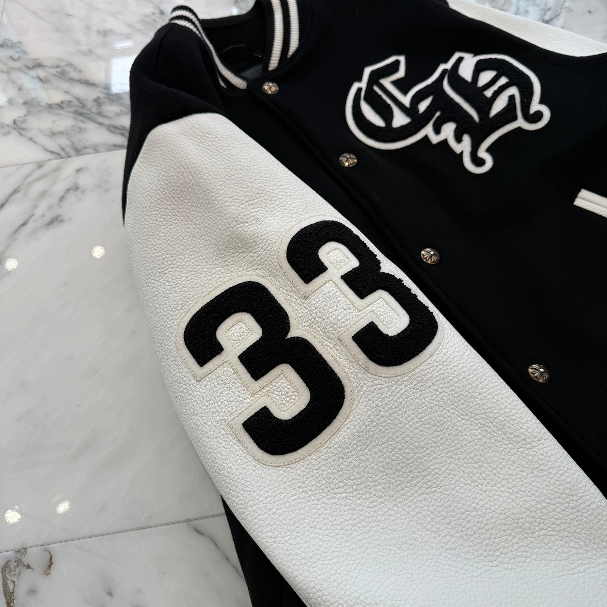 CHROME HEARTS CHICKEN 33 Cross Patch Leather Sleeve Varcity Jacket