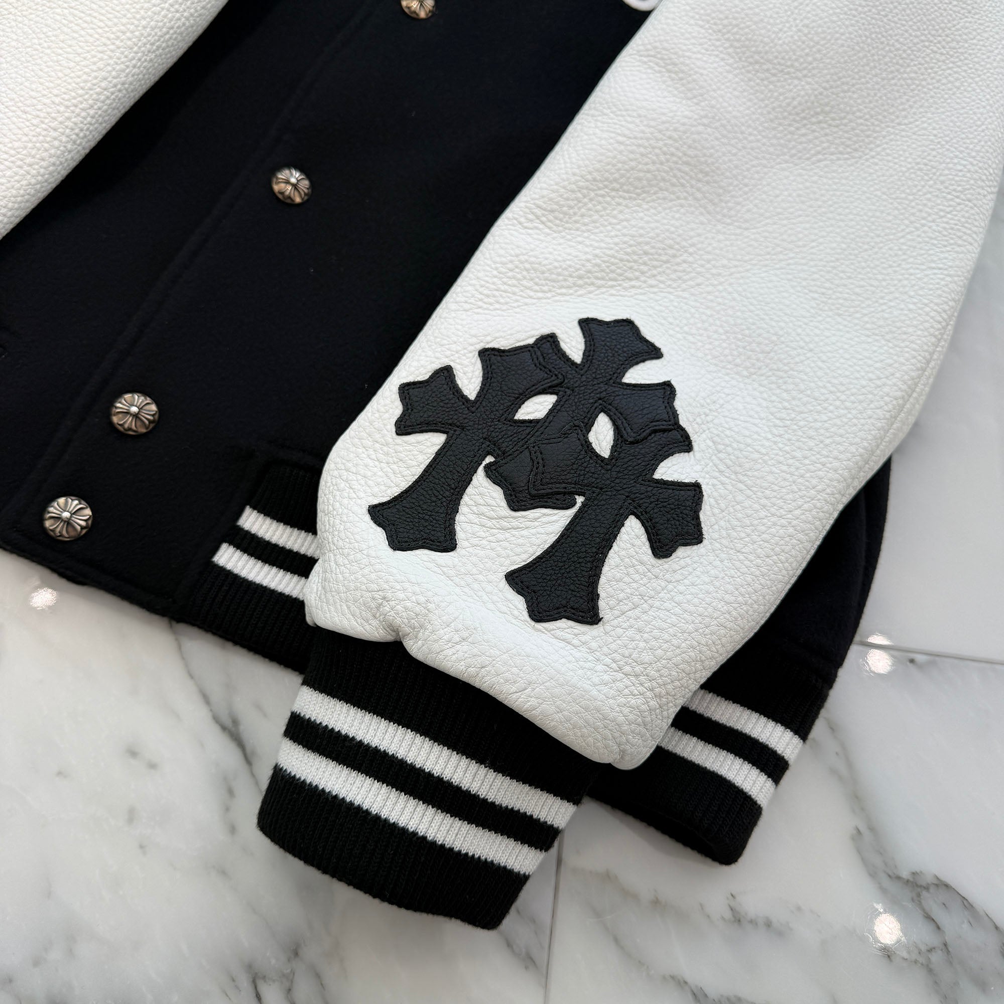 CHROME HEARTS CHICKEN 33 Cross Patch Leather Sleeve Varcity Jacket Size XL クロムハーツ チキンジャケット 33 クロスパッチ レザースリーブ バーシティジャケット サイズXL