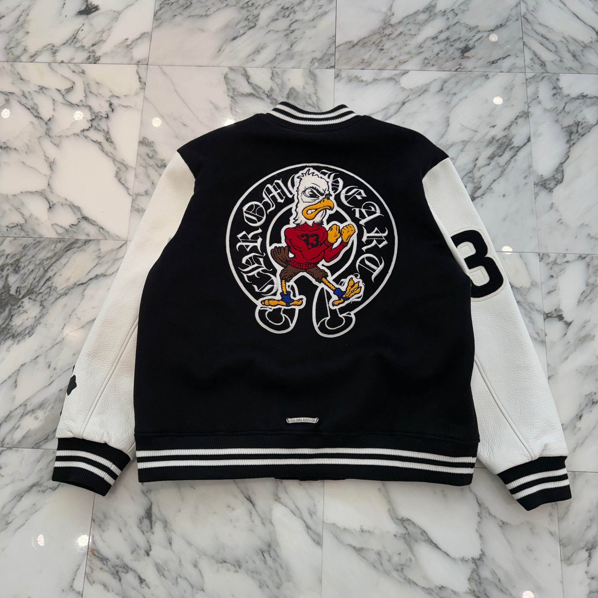 CHROME HEARTS CHICKEN 33 Cross Patch Leather Sleeve Varcity Jacket