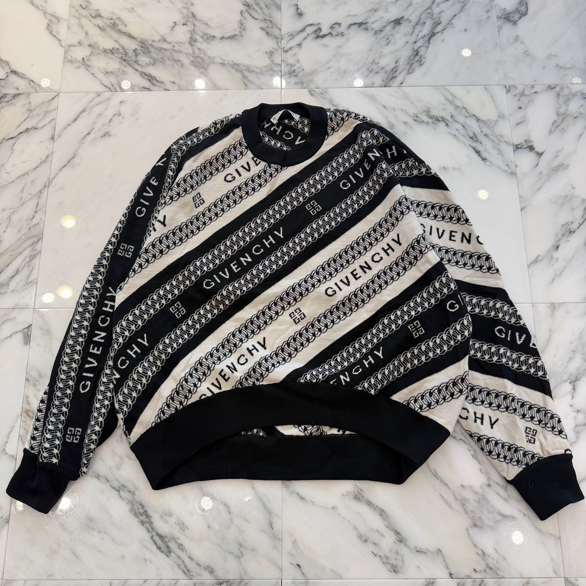 GIVENCHY 2020AW Chain Motif Stripe Logo Print Wool Knit Sweater BW90CE4Z7J Size S ジバンシー チェーンモチーフ ストライプ ロゴプリント ウール ニットセーター サイズS