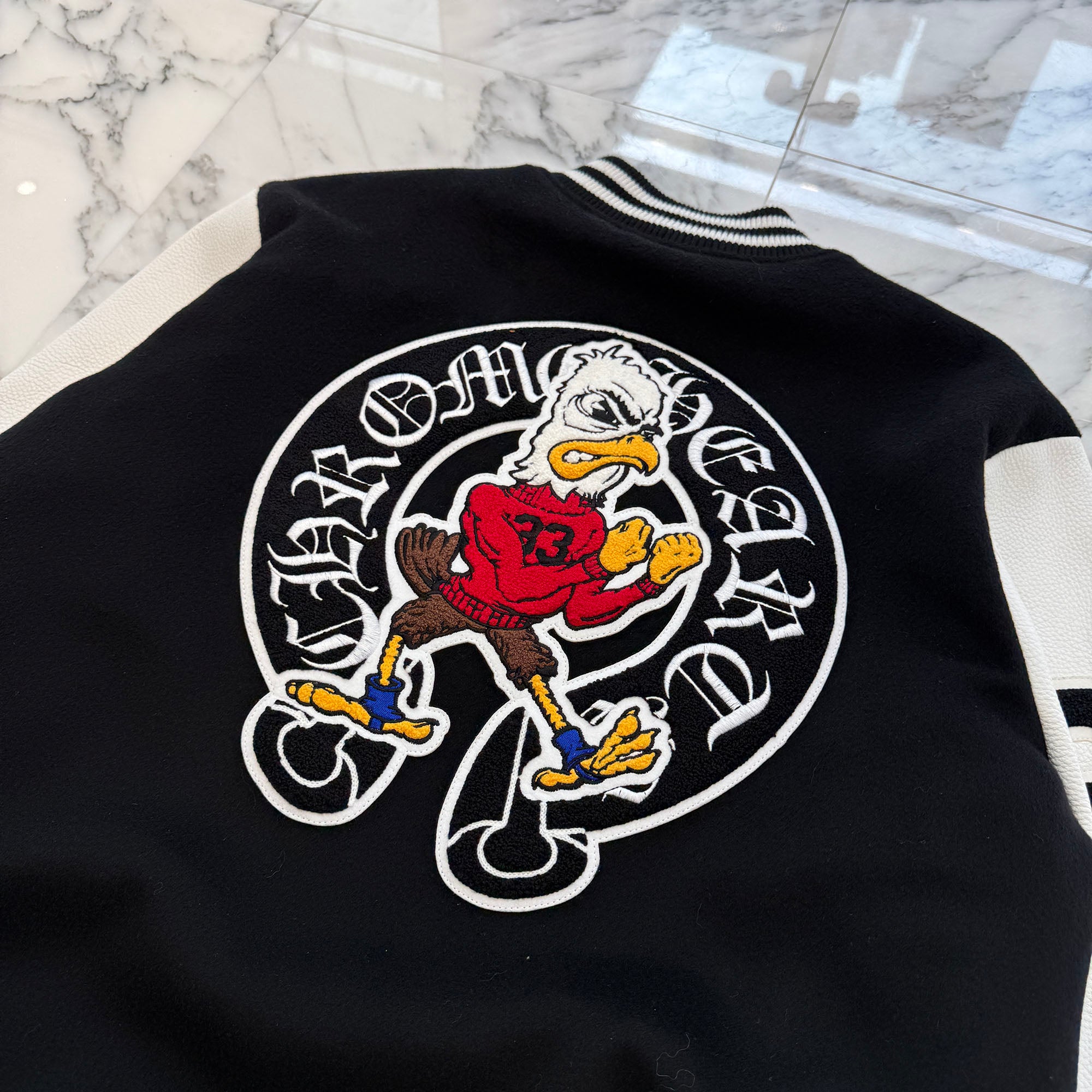 CHROME HEARTS CHICKEN 33 Cross Patch Leather Sleeve Varcity Jacket Size XL クロムハーツ チキンジャケット 33 クロスパッチ レザースリーブ バーシティジャケット サイズXL