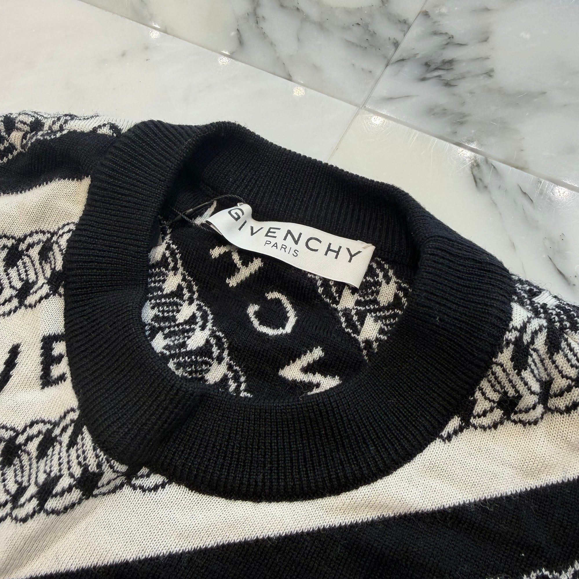 GIVENCHY 2020AW Chain Motif Stripe Logo Print Wool Knit Sweater BW90CE4Z7J Size S ジバンシー チェーンモチーフ ストライプ ロゴプリント ウール ニットセーター サイズS