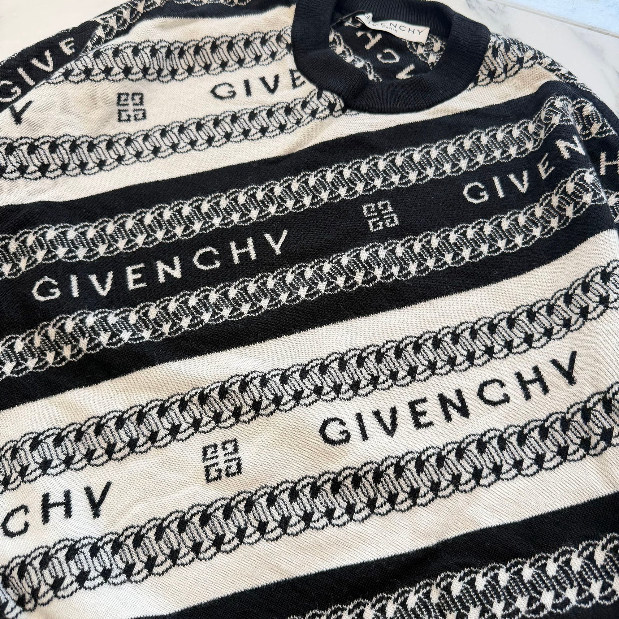 GIVENCHY 2020AW Chain Motif Stripe Logo Print Wool Knit Sweater BW90CE4Z7J Size S ジバンシー チェーンモチーフ ストライプ ロゴプリント ウール ニットセーター サイズS