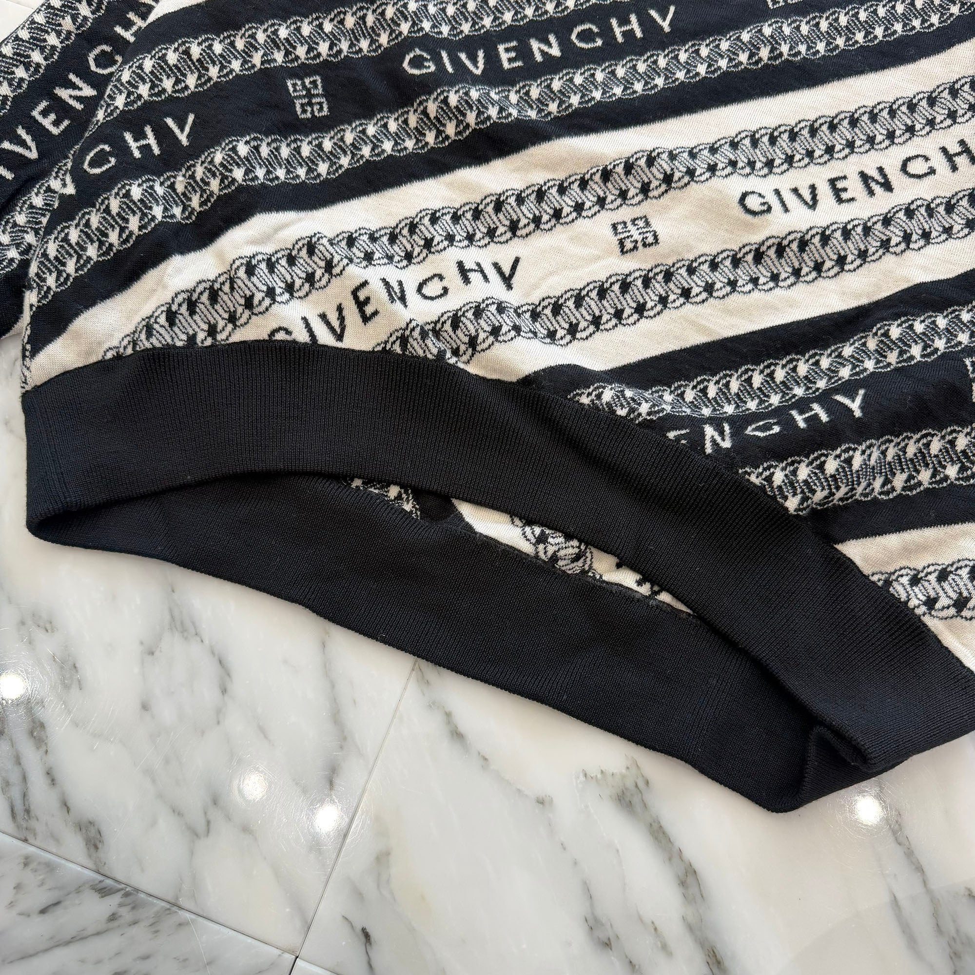 GIVENCHY 2020AW Chain Motif Stripe Logo Print Wool Knit Sweater BW90CE4Z7J Size S ジバンシー チェーンモチーフ ストライプ ロゴプリント ウール ニットセーター サイズS