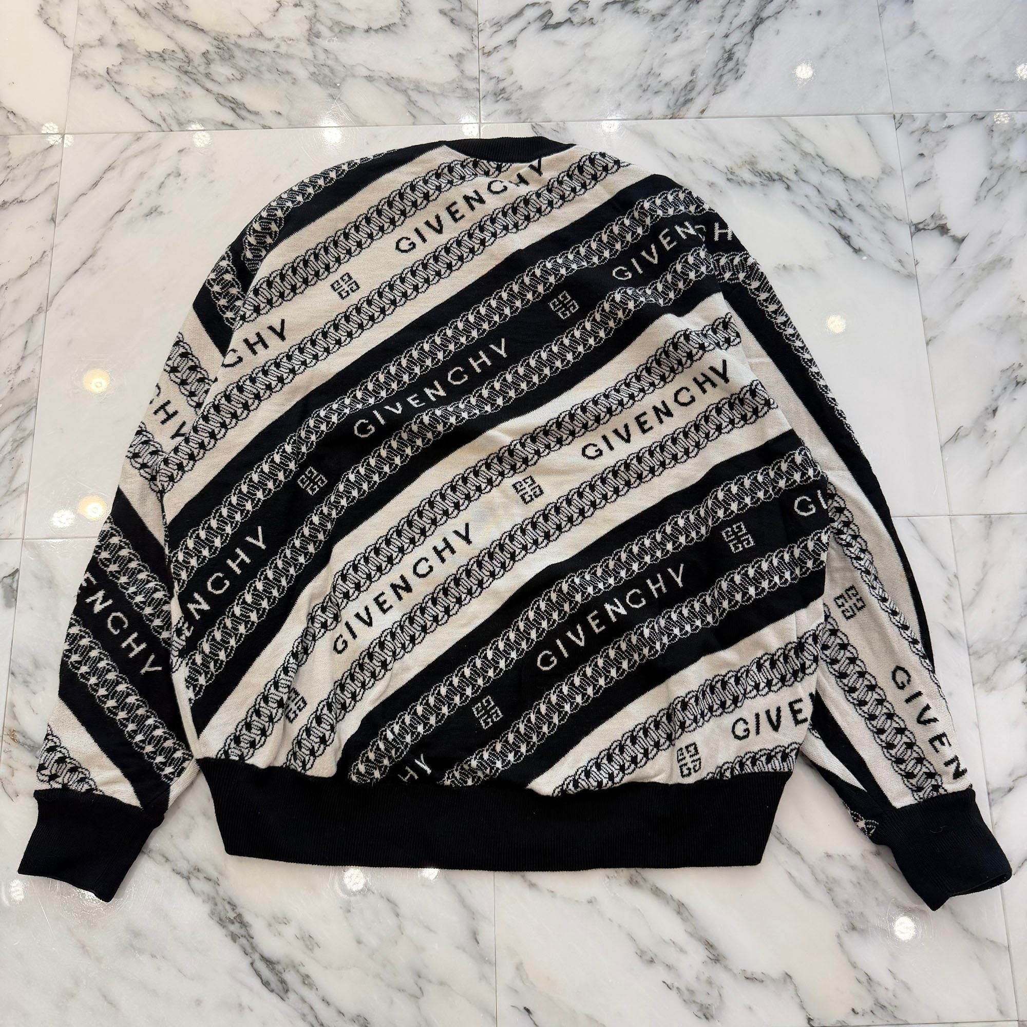 GIVENCHY 2020AW Chain Motif Stripe Logo Print Wool Knit Sweater BW90CE4Z7J Size S ジバンシー チェーンモチーフ ストライプ ロゴプリント ウール ニットセーター サイズS
