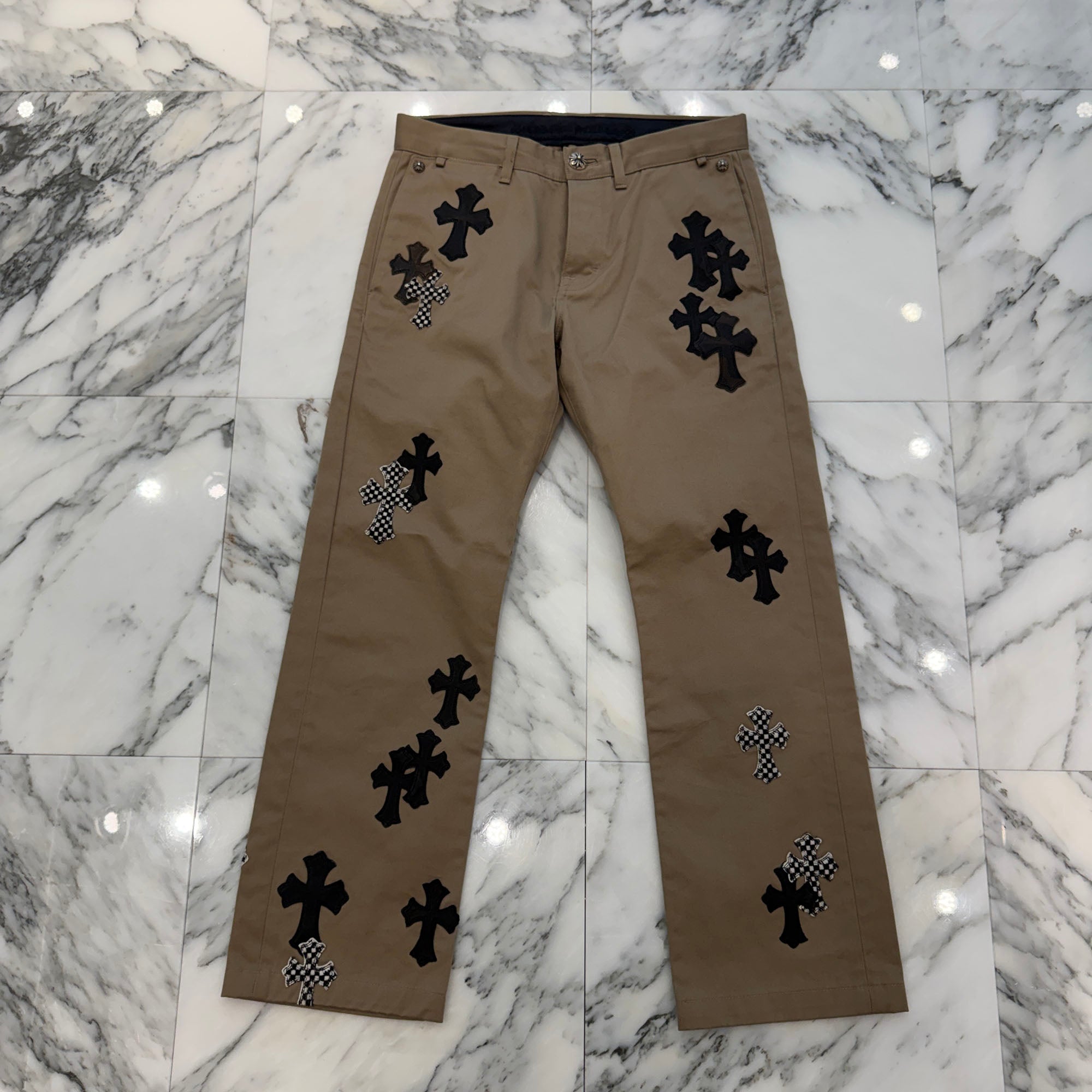CHROME HEARTS Multi Leather Patch Cross Ball Button Cotton Chino Pants Size 32 クロムハーツ マルチレザーパッチ クロスボールボタン コットン チノパンツ サイズ32