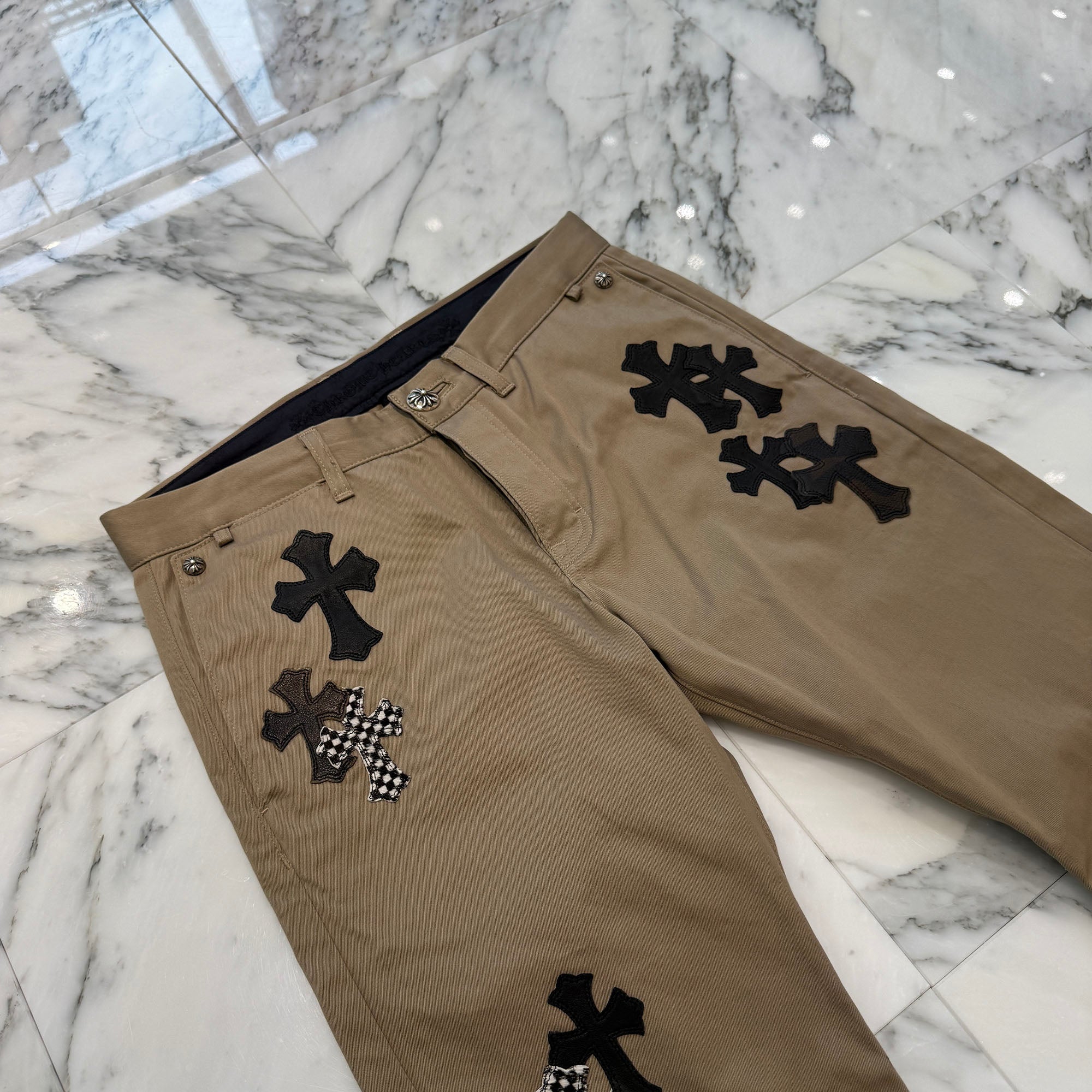 CHROME HEARTS Multi Leather Patch Cross Ball Button Cotton Chino Pants Size 32 クロムハーツ マルチレザーパッチ クロスボールボタン コットン チノパンツ サイズ32