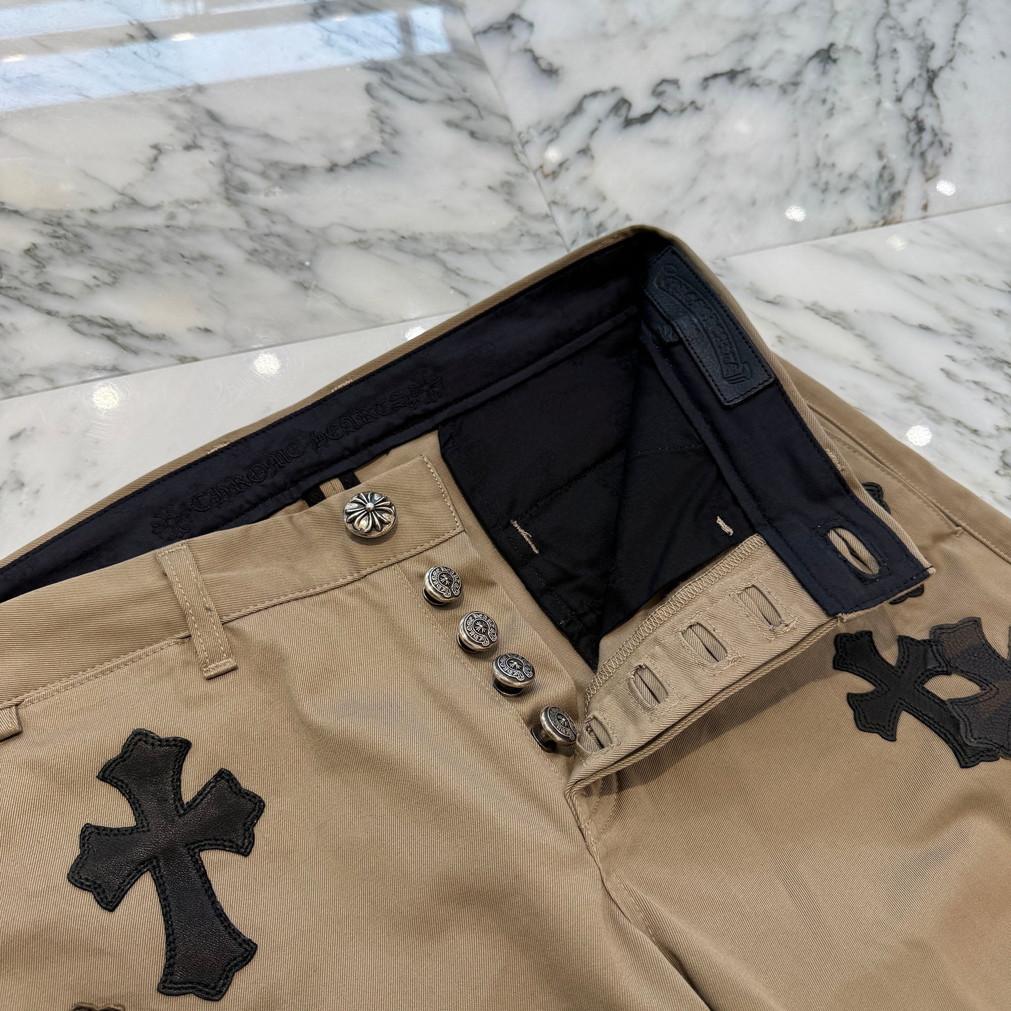 CHROME HEARTS Multi Leather Patch Cross Ball Button Cotton Chino Pants Size 32 クロムハーツ マルチレザーパッチ クロスボールボタン コットン チノパンツ サイズ32