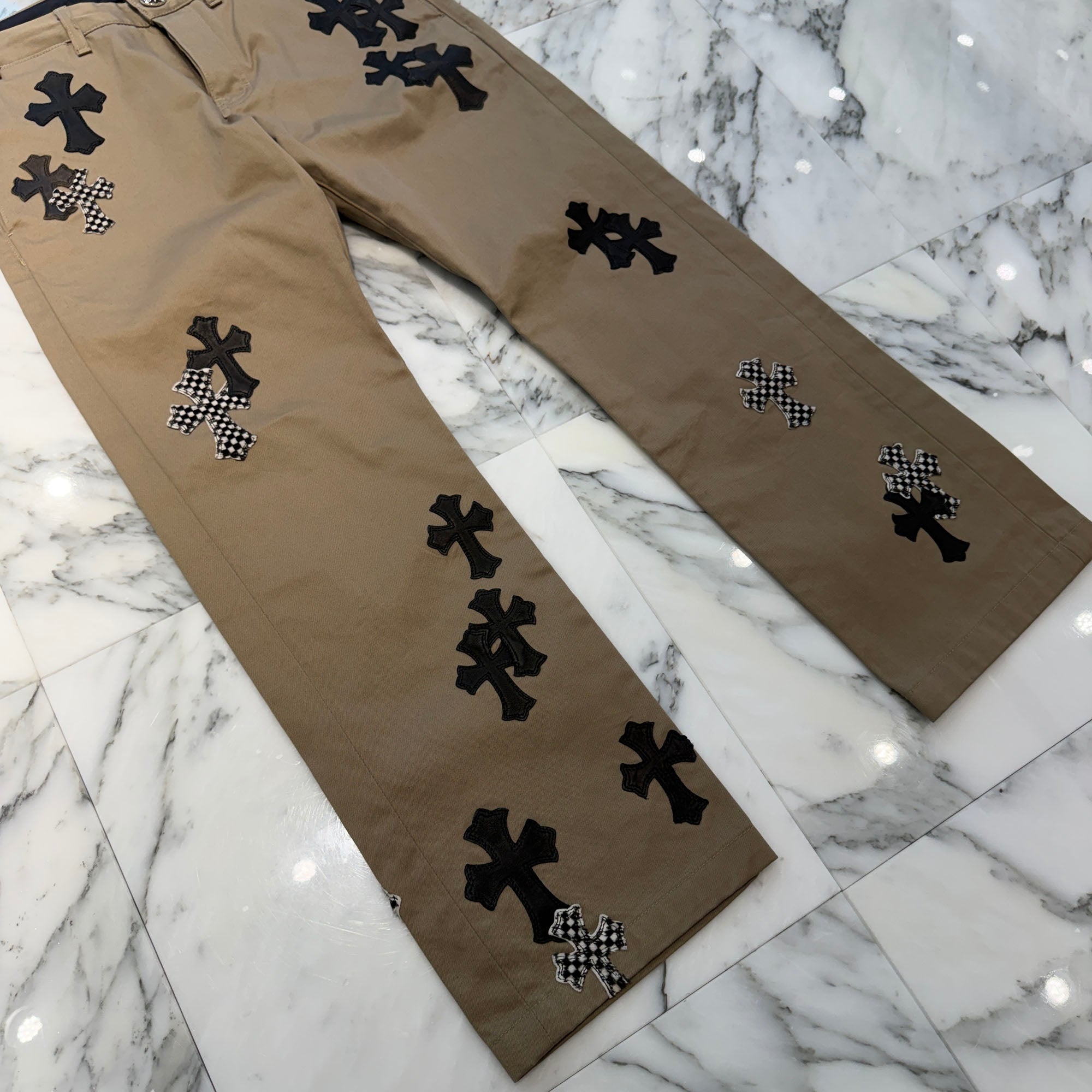 CHROME HEARTS Multi Leather Patch Cross Ball Button Cotton Chino Pants Size 32 クロムハーツ マルチレザーパッチ クロスボールボタン コットン チノパンツ サイズ32