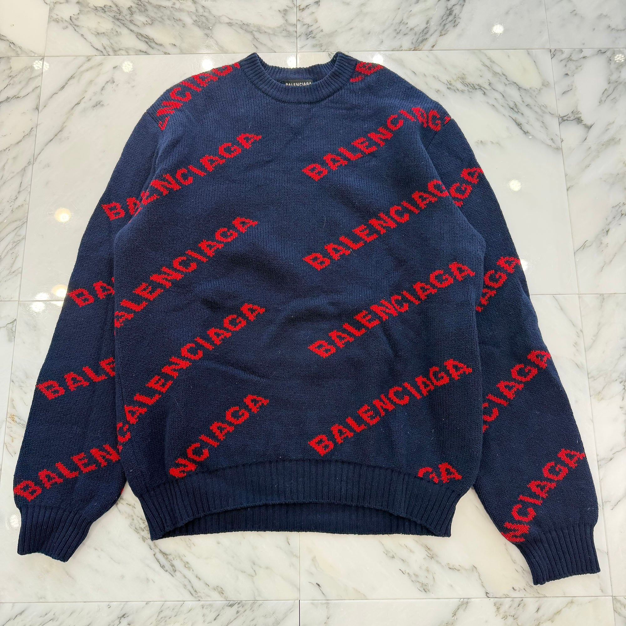 BALENCIAGA 2019AW All Over Logo Crew Neck Knit Sweater 547831 T1473 Size M バレンシアガ オールオーバーロゴクルーネックニットセーター サイズM