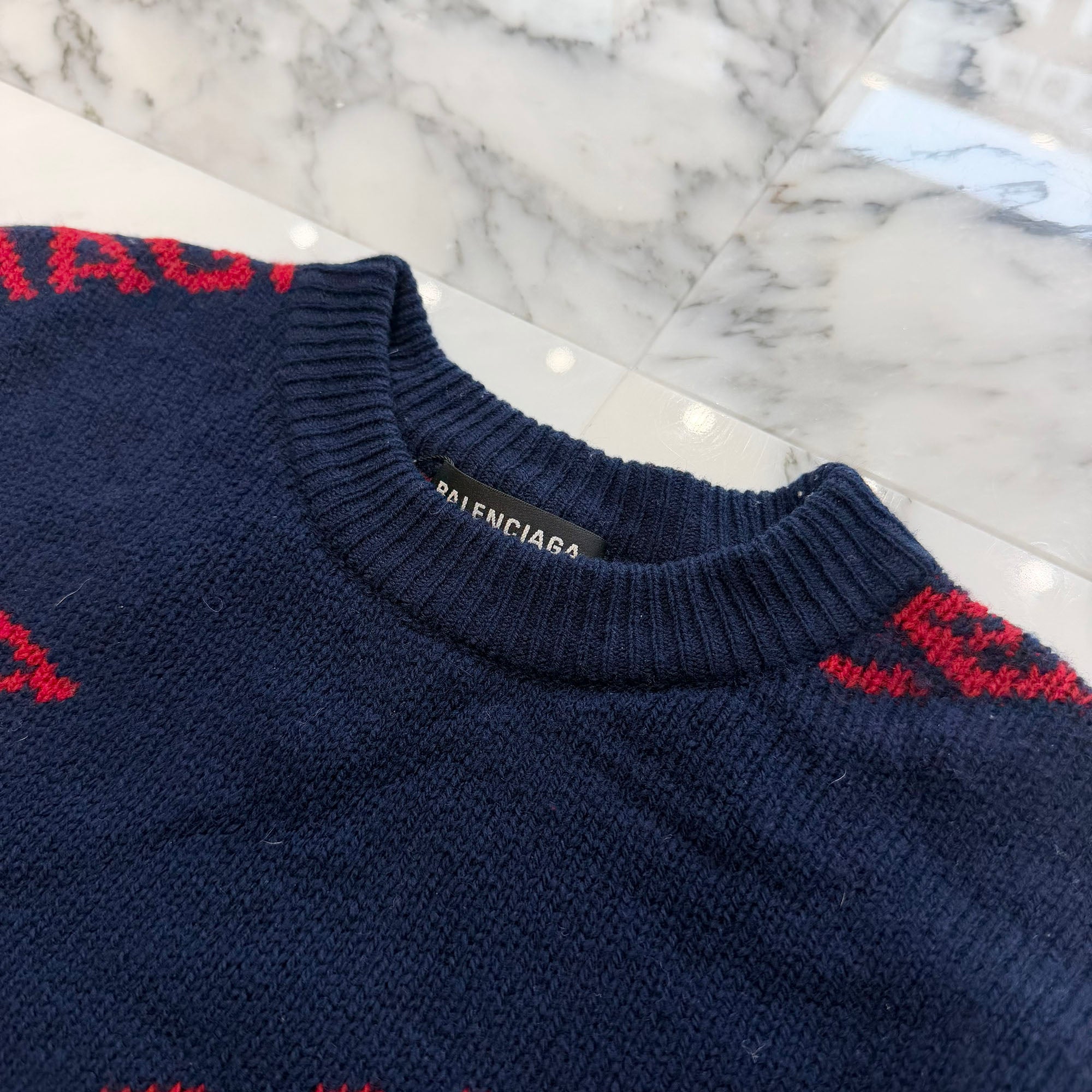 BALENCIAGA 2019AW All Over Logo Crew Neck Knit Sweater 547831 T1473 Size M バレンシアガ オールオーバーロゴクルーネックニットセーター サイズM