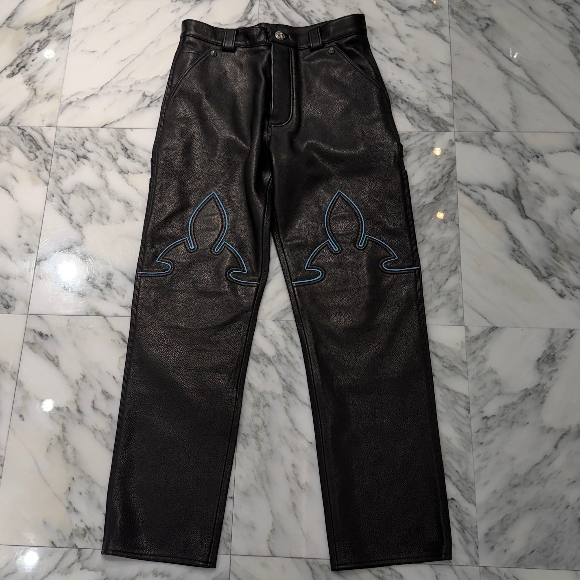 CHROME HEARTS MIAMI Limited Light Blue Flare Knee Cross Ball Button Leather Pants Size 30 クロムハーツ マイアミ限定 ブルー フレアニー クロスボールボタン レザーパンツ サイズ30