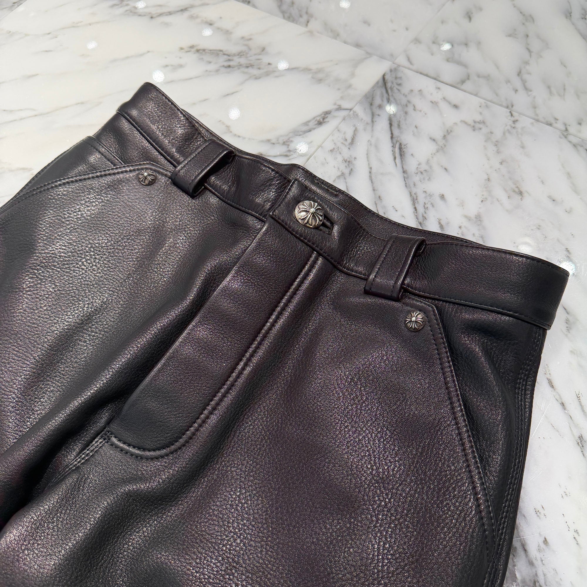 CHROME HEARTS MIAMI Limited Light Blue Flare Knee Cross Ball Button Leather Pants Size 30 クロムハーツ マイアミ限定 ブルー フレアニー クロスボールボタン レザーパンツ サイズ30