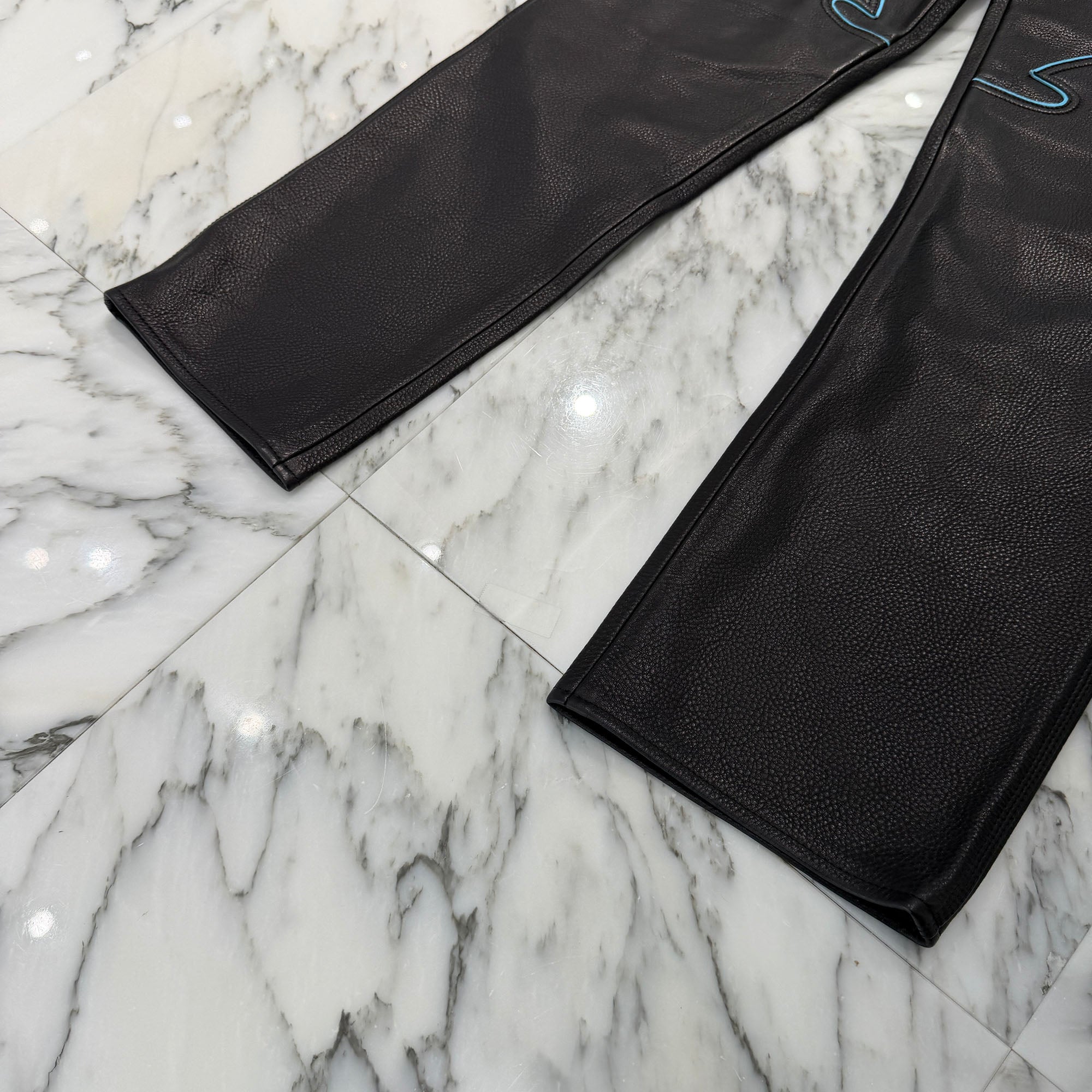 CHROME HEARTS MIAMI Limited Light Blue Flare Knee Cross Ball Button Leather Pants Size 30 クロムハーツ マイアミ限定 ブルー フレアニー クロスボールボタン レザーパンツ サイズ30