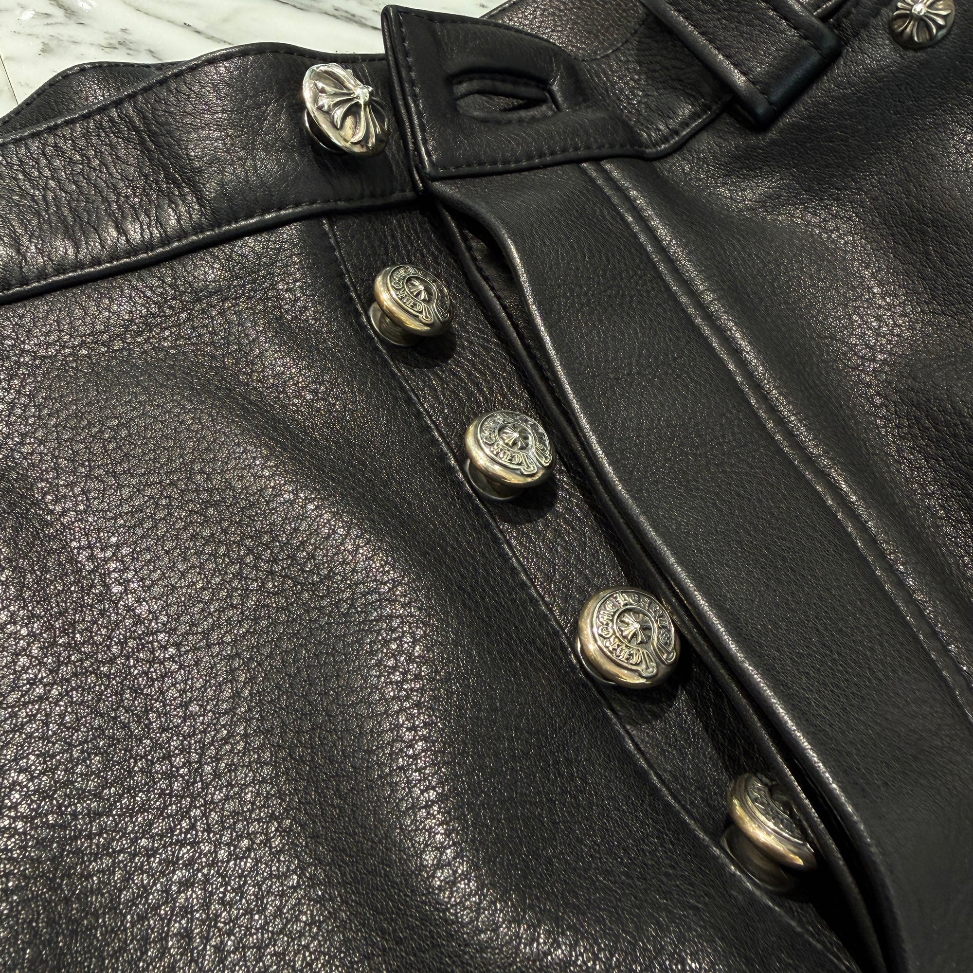 CHROME HEARTS MIAMI Limited Light Blue Flare Knee Cross Ball Button Leather Pants Size 30 クロムハーツ マイアミ限定 ブルー フレアニー クロスボールボタン レザーパンツ サイズ30