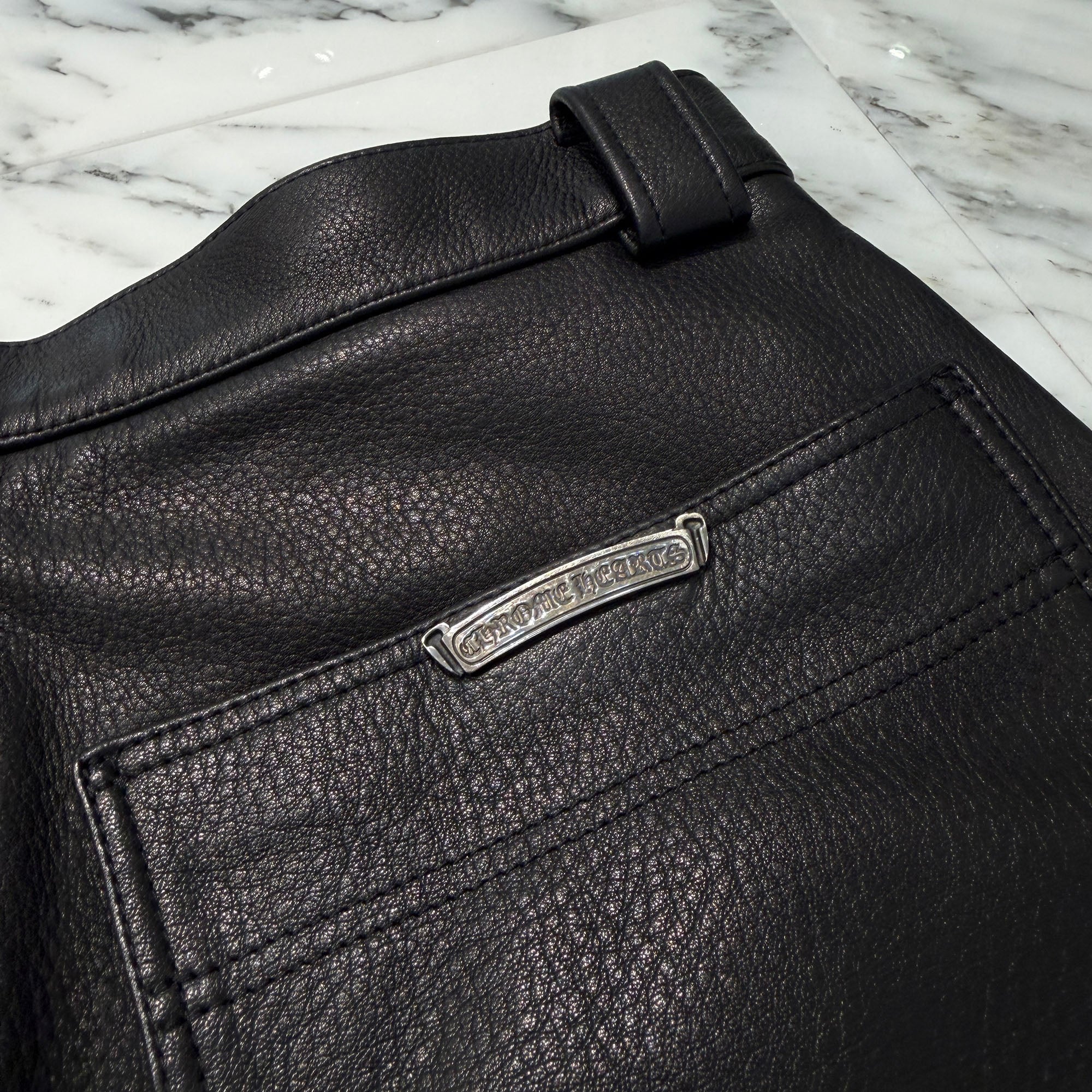 CHROME HEARTS MIAMI Limited Light Blue Flare Knee Cross Ball Button Leather Pants Size 30 クロムハーツ マイアミ限定 ブルー フレアニー クロスボールボタン レザーパンツ サイズ30