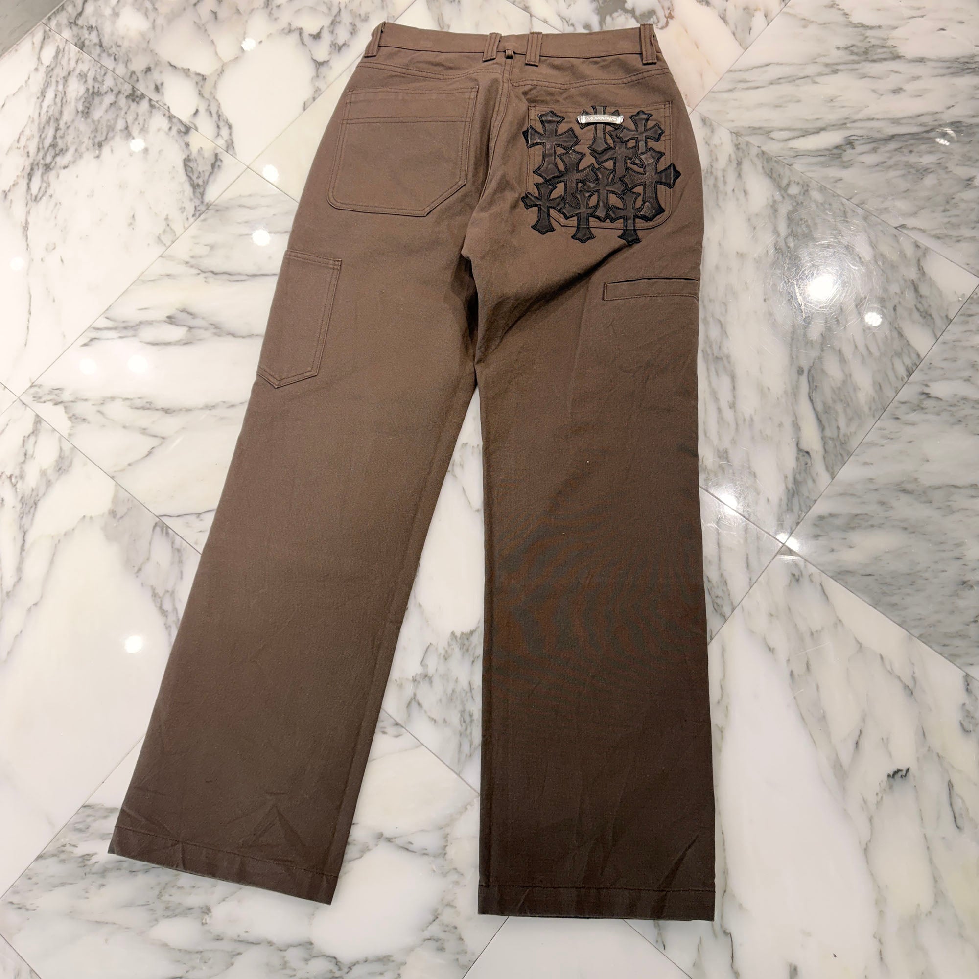 CHROME HEARTS Cemetery Cross Leather Patch Cotton Cargo Pants Size 28 クロムハーツ セメタリー クロス レザー パッチ コットン カーゴ パンツ ブラウン サイズ28