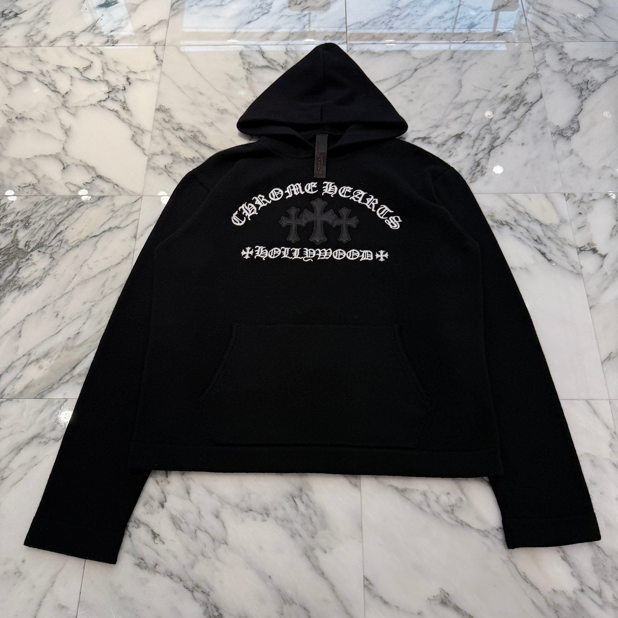 CHROME HEARTS Y NOT King Taco 3 Cemetery Cross Leather Patch Cashmere Knit Pullover Hoodie Size M クロムハーツ ワイノット キングタコ 3セメタリークロス レザークロスパッチ カシミヤ ニット プルオーバーフーディー サイズM