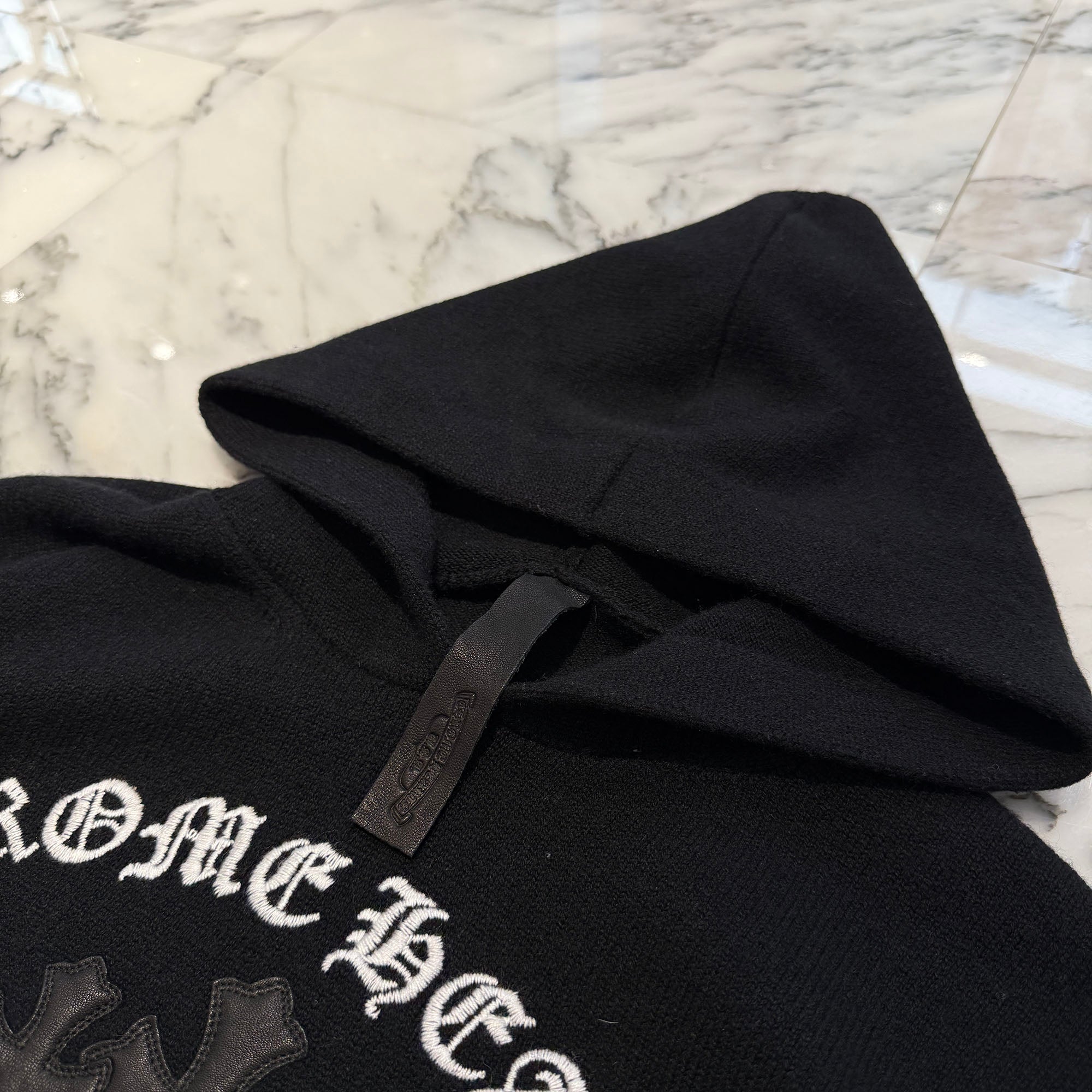 CHROME HEARTS Y NOT King Taco 3 Cemetery Cross Leather Patch Cashmere Knit Pullover Hoodie Size M クロムハーツ ワイノット キングタコ 3セメタリークロス レザークロスパッチ カシミヤ ニット プルオーバーフーディー サイズM