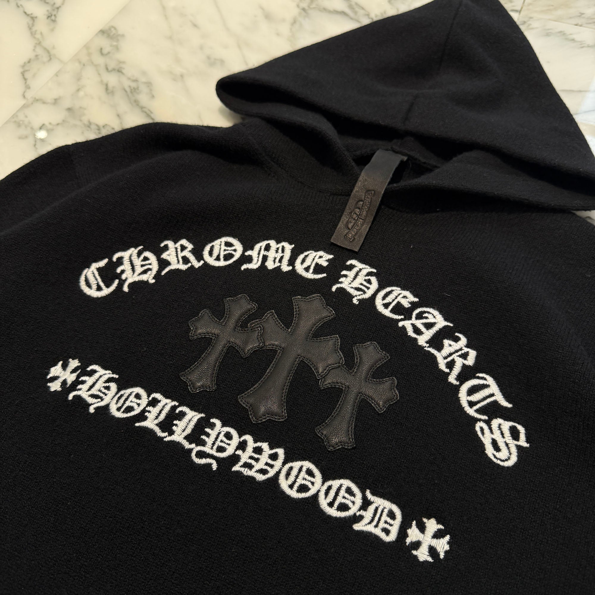 CHROME HEARTS Y NOT King Taco 3 Cemetery Cross Leather Patch Cashmere Knit Pullover Hoodie Size M クロムハーツ ワイノット キングタコ 3セメタリークロス レザークロスパッチ カシミヤ ニット プルオーバーフーディー サイズM
