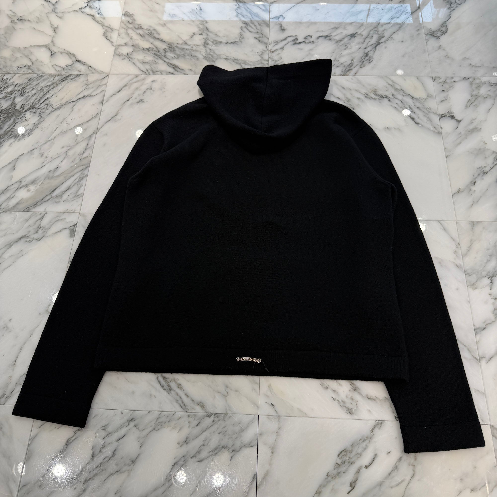 CHROME HEARTS Y NOT King Taco 3 Cemetery Cross Leather Patch Cashmere Knit Pullover Hoodie Size M クロムハーツ ワイノット キングタコ 3セメタリークロス レザークロスパッチ カシミヤ ニット プルオーバーフーディー サイズM