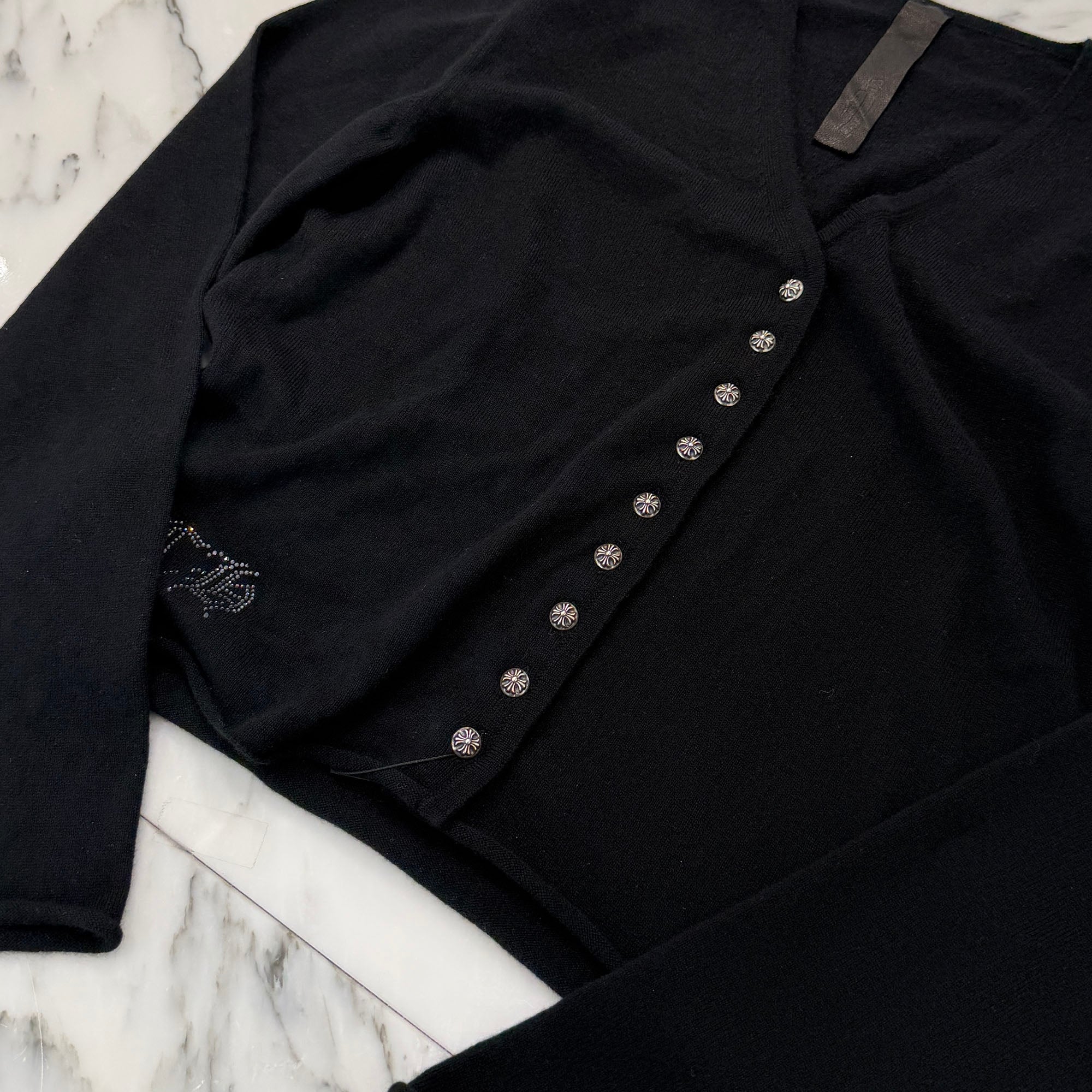 CHROME HEARTS Y NOT Back Rhinestone Viny Heart Cashmere Knit Cardigan Size M クロムハーツ ワイノット バック ラインストーン ヴィニーハート カシミヤ ニット カーディガン サイズM