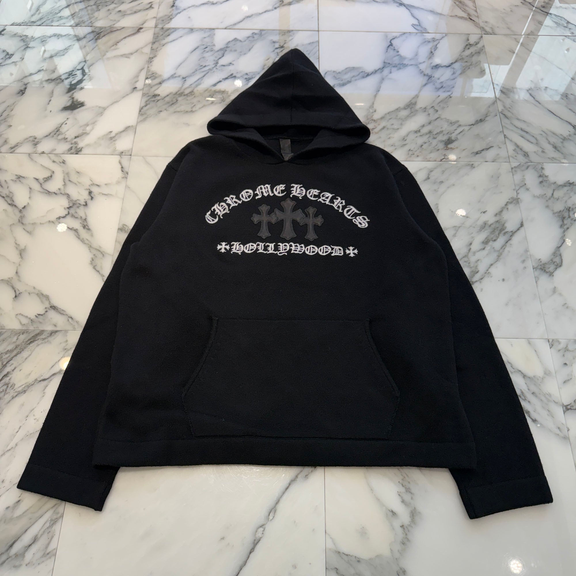 CHROME HEARTS Y NOT King Taco 3 Cemetery Cross Leather Patch Cashmere Knit Pullover Hoodie Size L クロムハーツ ワイノット キングタコ 3セメタリークロス レザークロスパッチ カシミヤ ニット プルオーバーフーディー サイズL