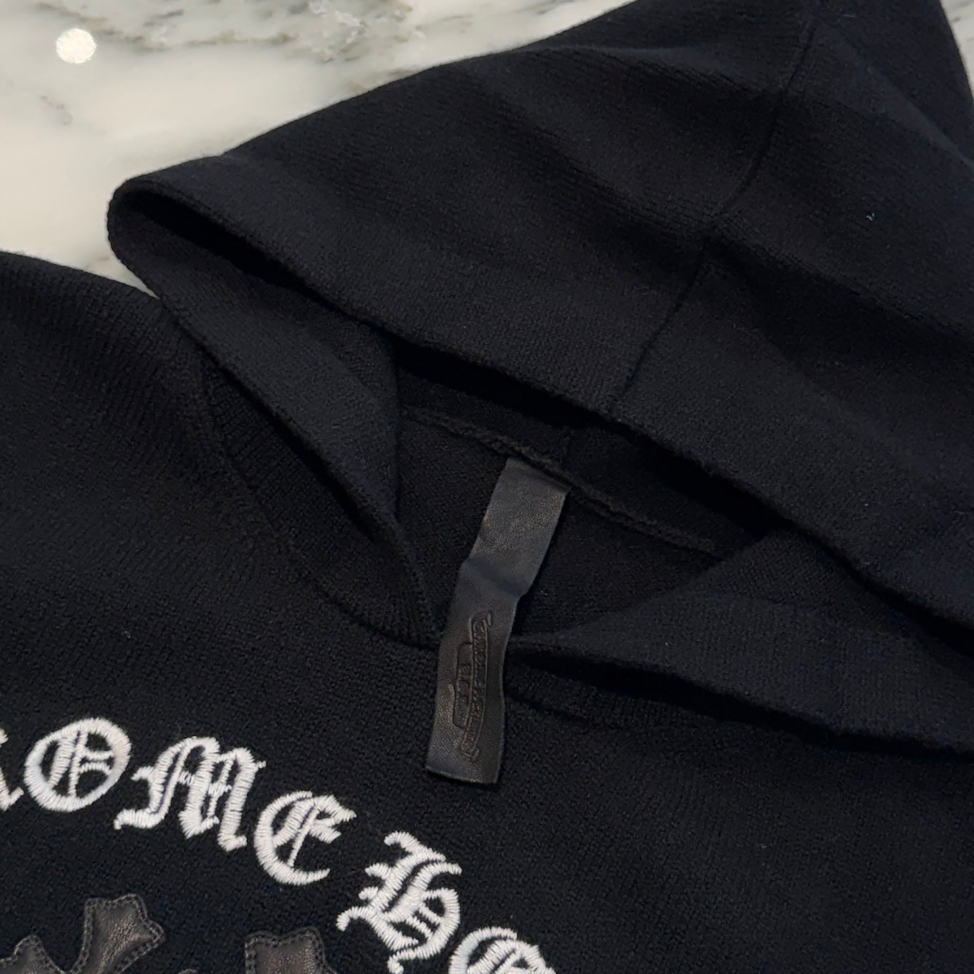 CHROME HEARTS Y NOT King Taco 3 Cemetery Cross Leather Patch Cashmere Knit Pullover Hoodie Size L クロムハーツ ワイノット キングタコ 3セメタリークロス レザークロスパッチ カシミヤ ニット プルオーバーフーディー サイズL