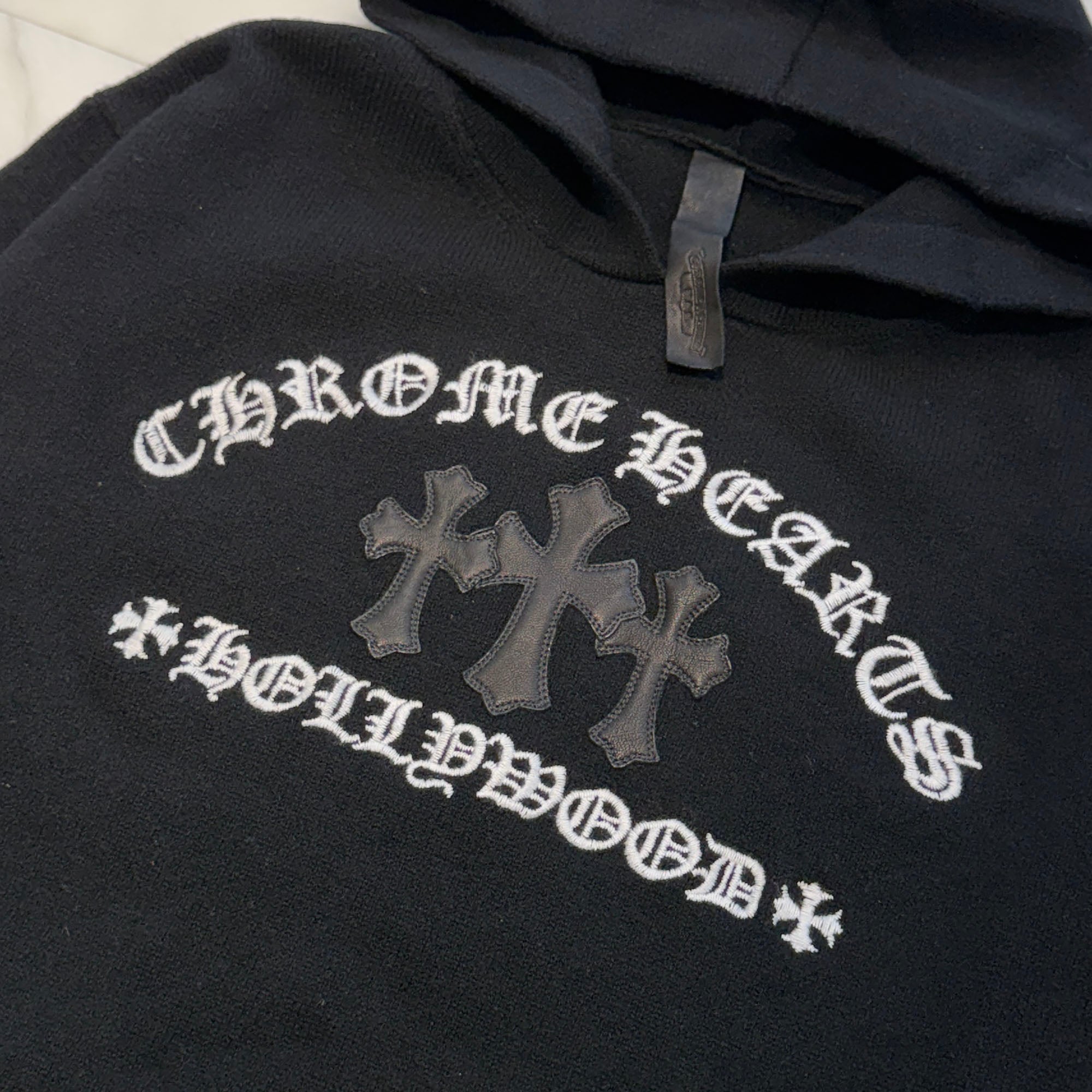 CHROME HEARTS Y NOT King Taco 3 Cemetery Cross Leather Patch Cashmere Knit Pullover Hoodie Size L クロムハーツ ワイノット キングタコ 3セメタリークロス レザークロスパッチ カシミヤ ニット プルオーバーフーディー サイズL
