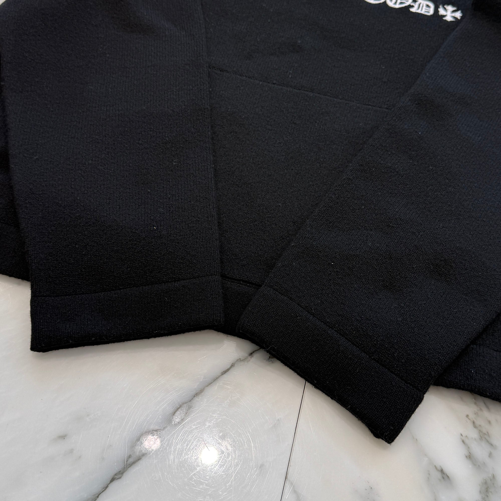 CHROME HEARTS Y NOT King Taco 3 Cemetery Cross Leather Patch Cashmere Knit Pullover Hoodie Size L クロムハーツ ワイノット キングタコ 3セメタリークロス レザークロスパッチ カシミヤ ニット プルオーバーフーディー サイズL