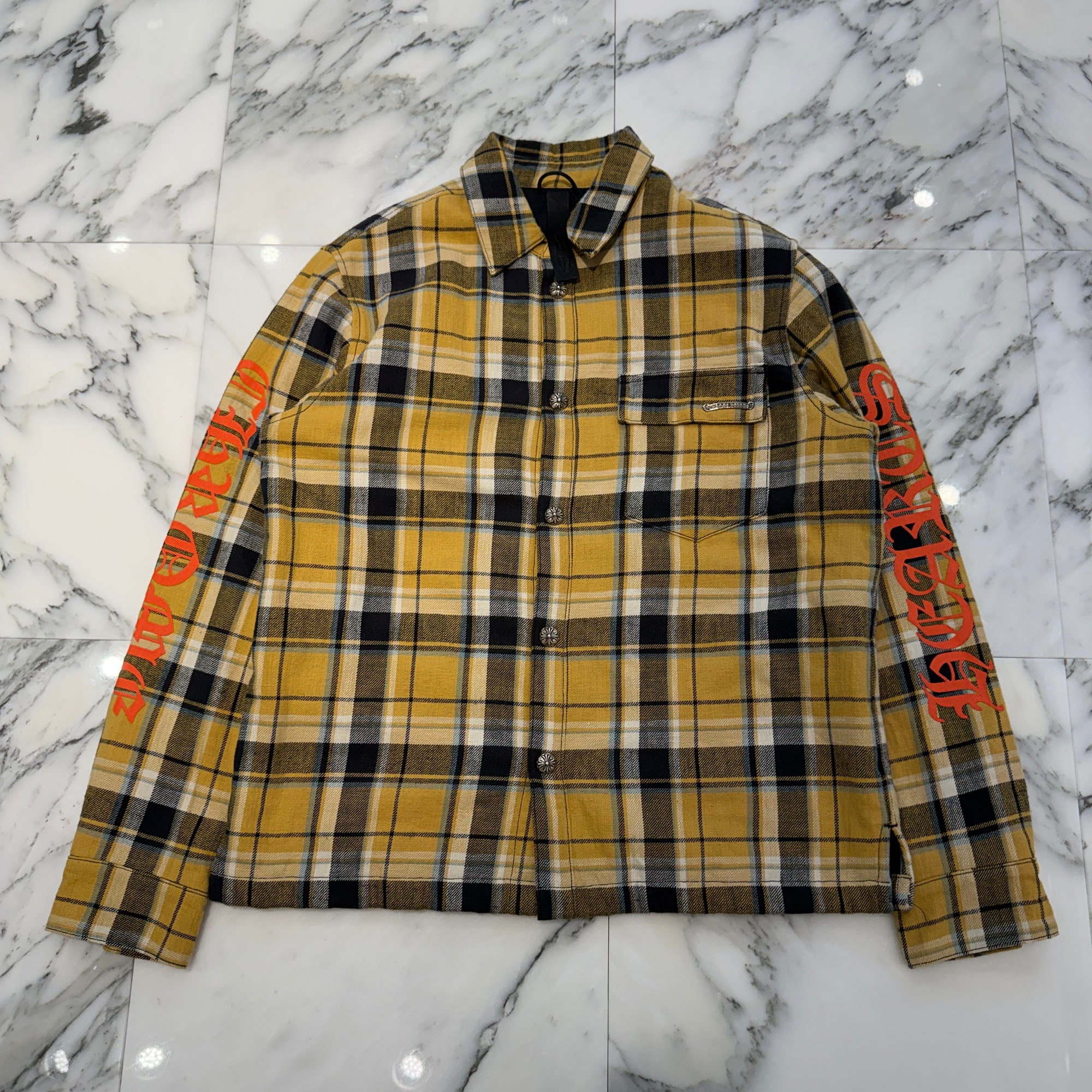 CHROME HEARTS Y NOT WORK DOG Cross Ball Button Check Shirt Jacket Size M クロムハーツ ワイノット ワークドッグ クロスボールボタン チェック シャツ ジャケット サイズM