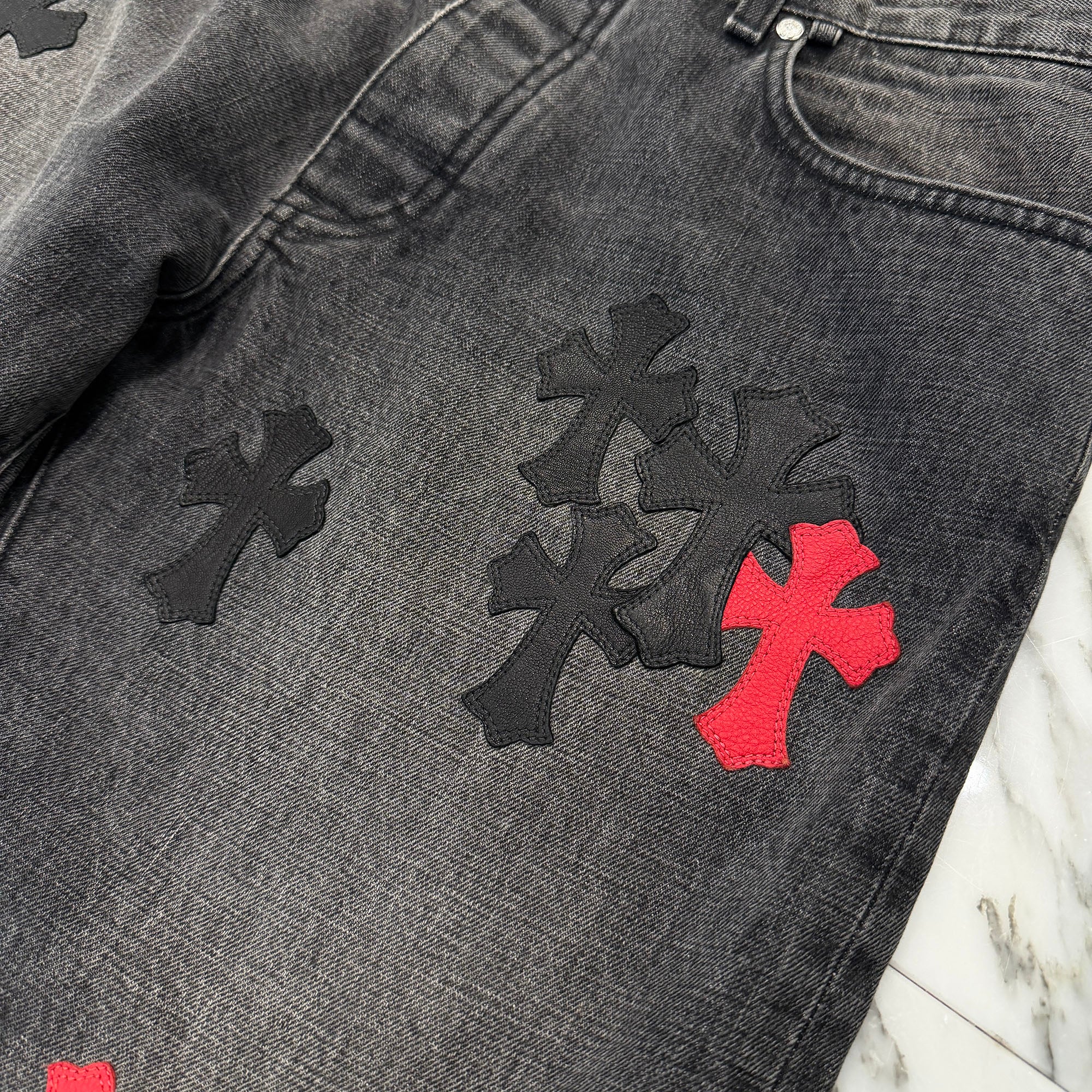 CHROME HEARTS VNTG Cross Leather Patch Jeans Size 34 クロムハーツ ヴィンテージ クロス レザーパッチ ジーンズ サイズ34