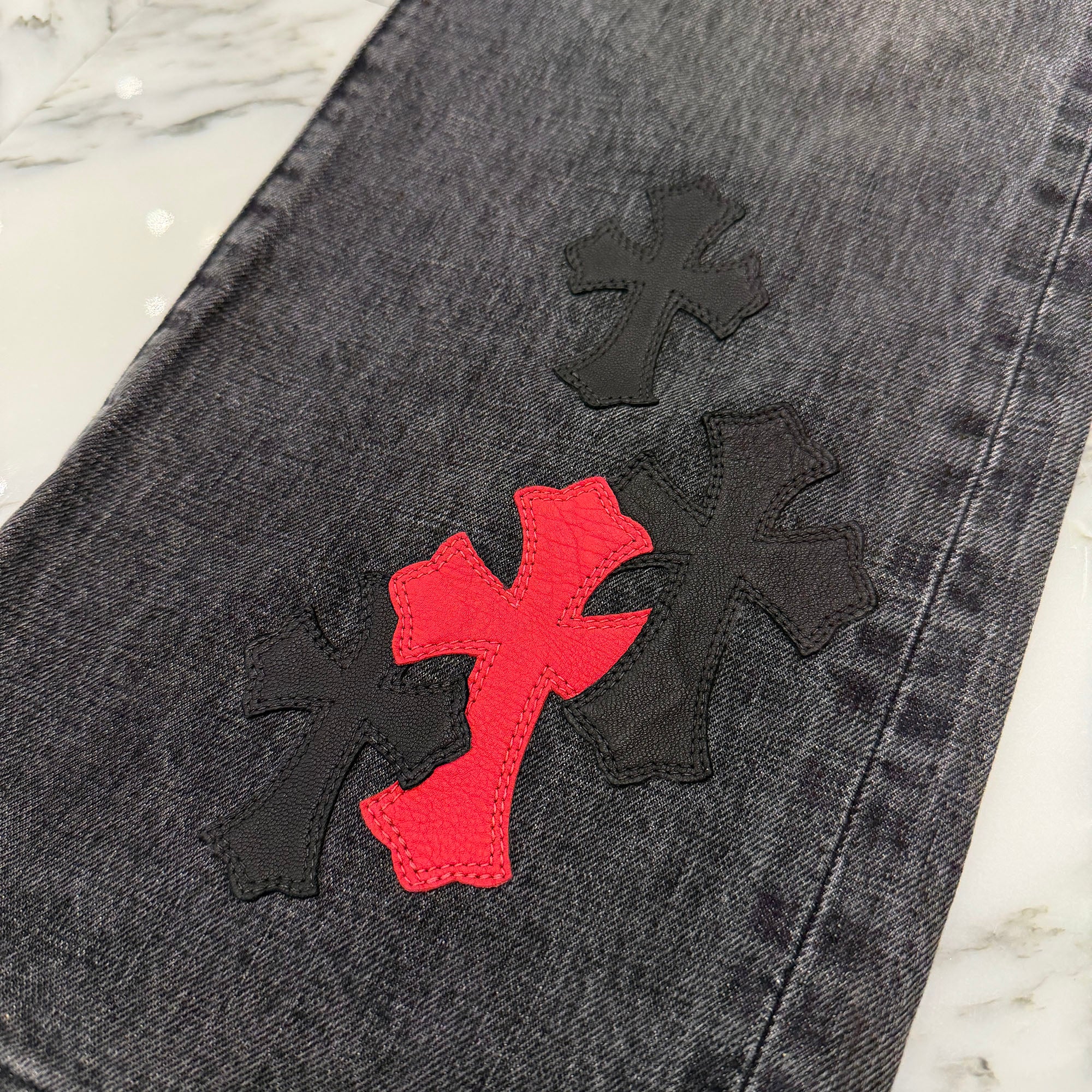 CHROME HEARTS VNTG Cross Leather Patch Jeans Size 34 クロムハーツ ヴィンテージ クロス レザーパッチ ジーンズ サイズ34