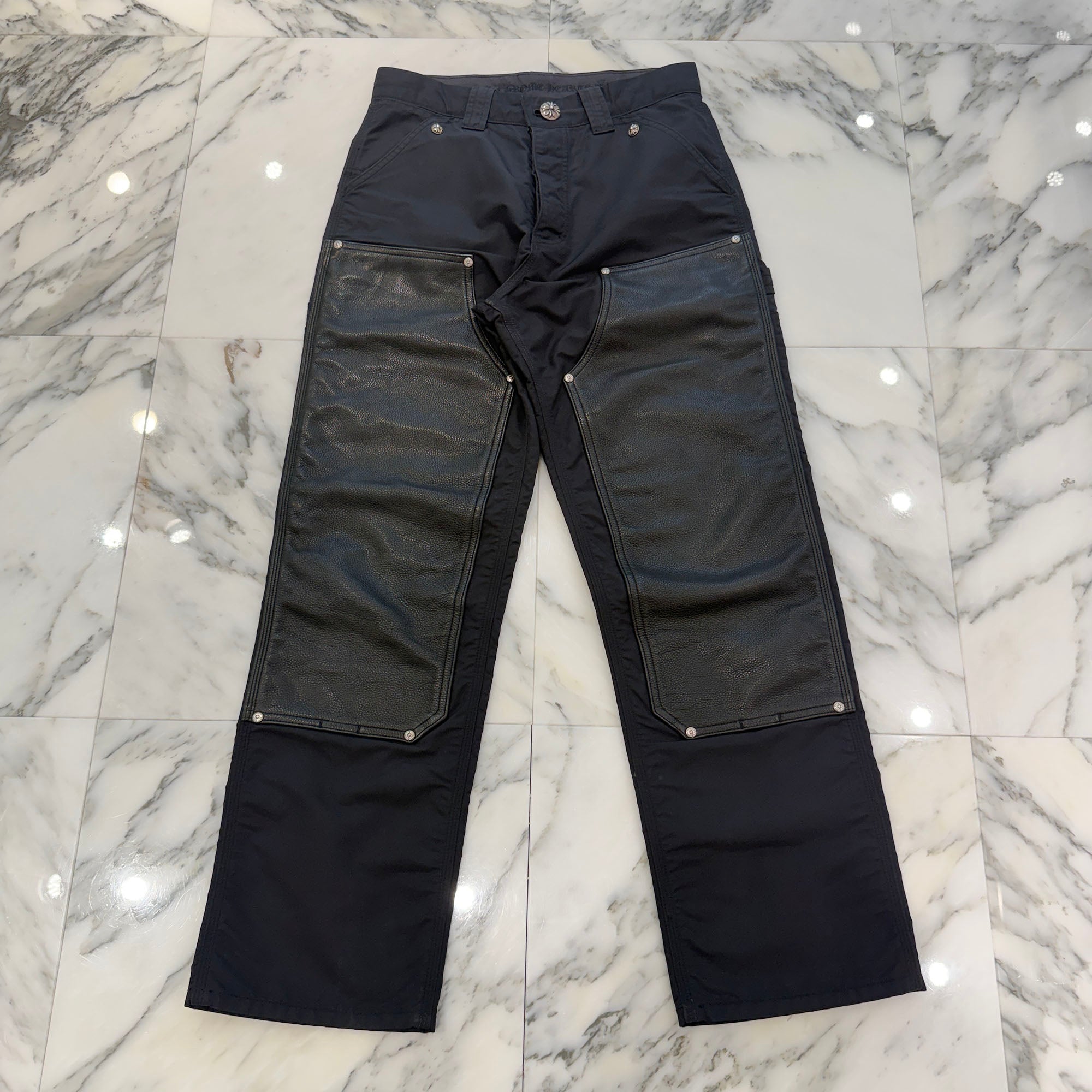 CHROME HEARTS Carpenter Leather Cross Patch Nylon Leather Work Pants Size 28 クロムハーツ カーペンター レザークロスパッチ ナイロン レザー 切替 ワークパンツ サイズ28