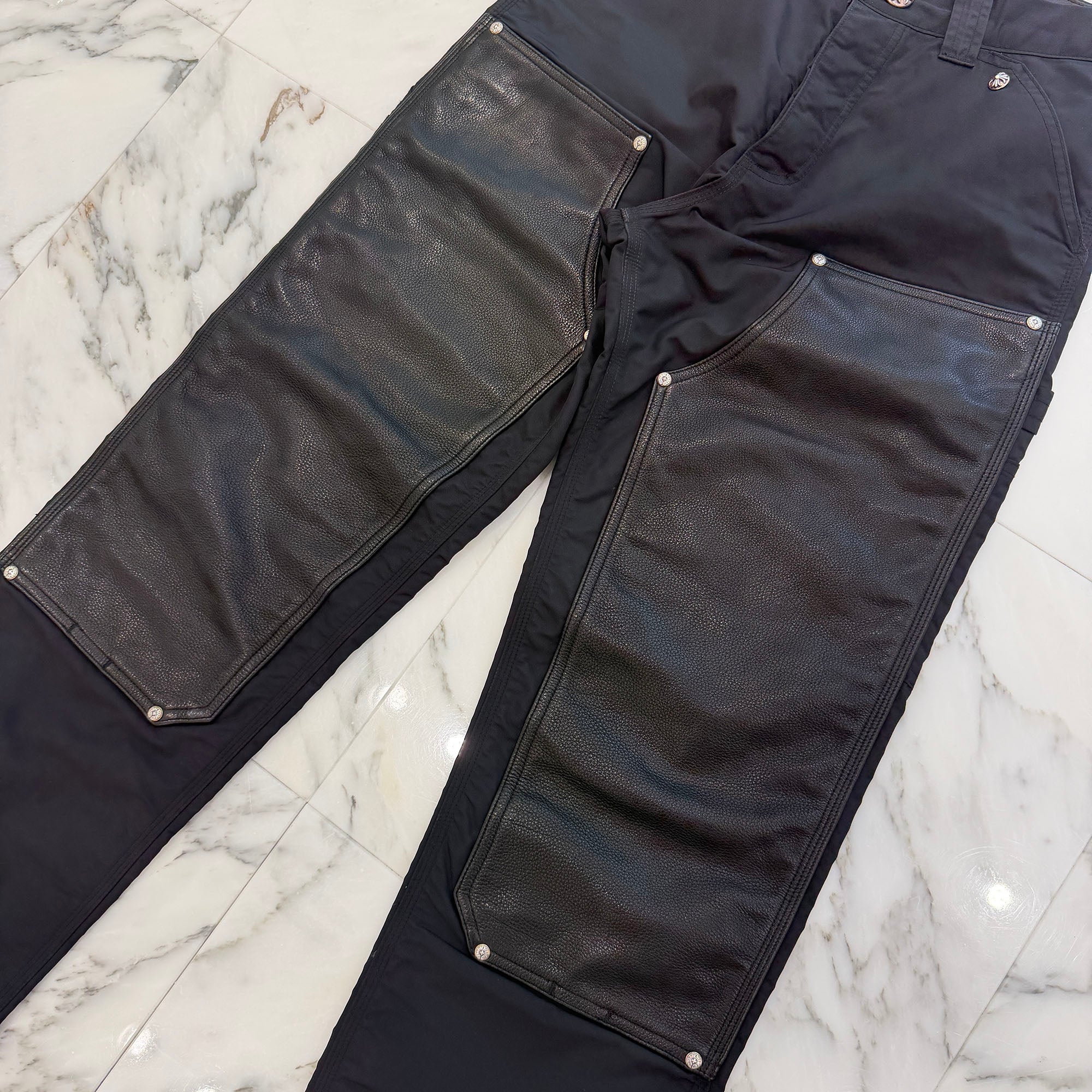 CHROME HEARTS Carpenter Leather Cross Patch Nylon Leather Work Pants Size 28 クロムハーツ カーペンター レザークロスパッチ ナイロン レザー 切替 ワークパンツ サイズ28