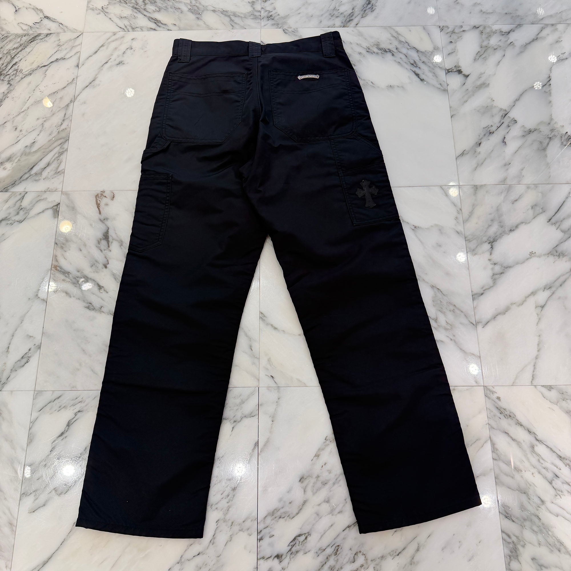CHROME HEARTS Carpenter Leather Cross Patch Nylon Leather Work Pants Size 28 クロムハーツ カーペンター レザークロスパッチ ナイロン レザー 切替 ワークパンツ サイズ28