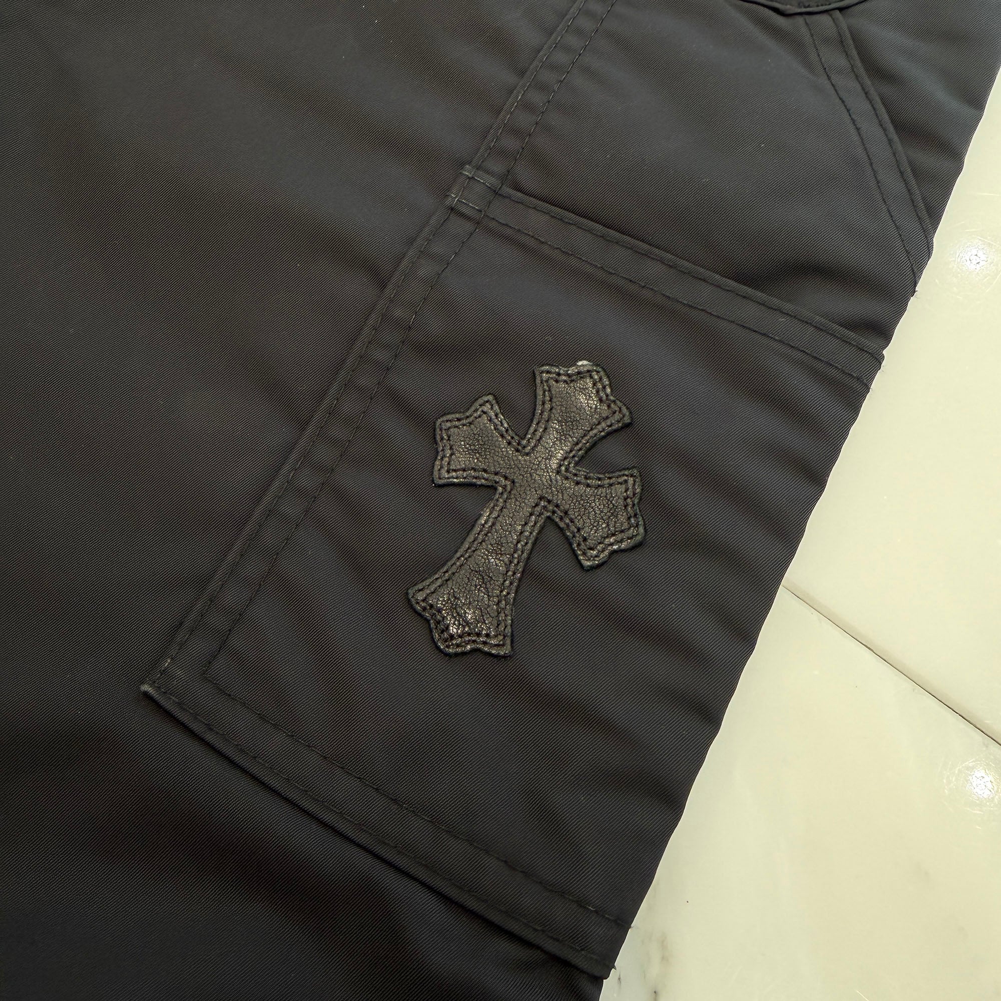 CHROME HEARTS Carpenter Leather Cross Patch Nylon Leather Work Pants Size 28 クロムハーツ カーペンター レザークロスパッチ ナイロン レザー 切替 ワークパンツ サイズ28