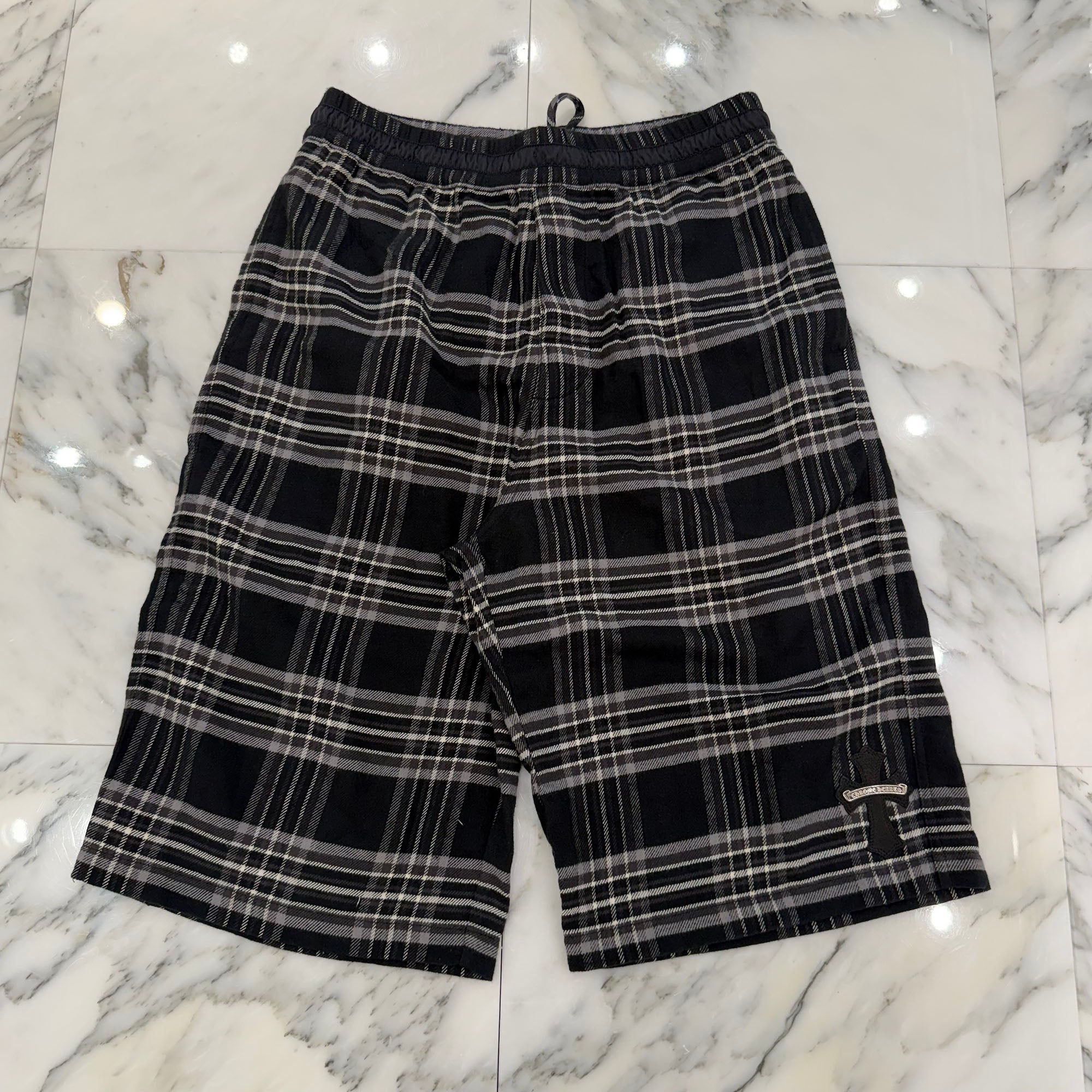 CHROME HEARTS 1 Cross Leather Patch After School Flannel Check Half Pants Size M クロムハーツ 1 クロス レザー パッチ アフタースクール フランネル チェック ハーフ パンツ サイズM