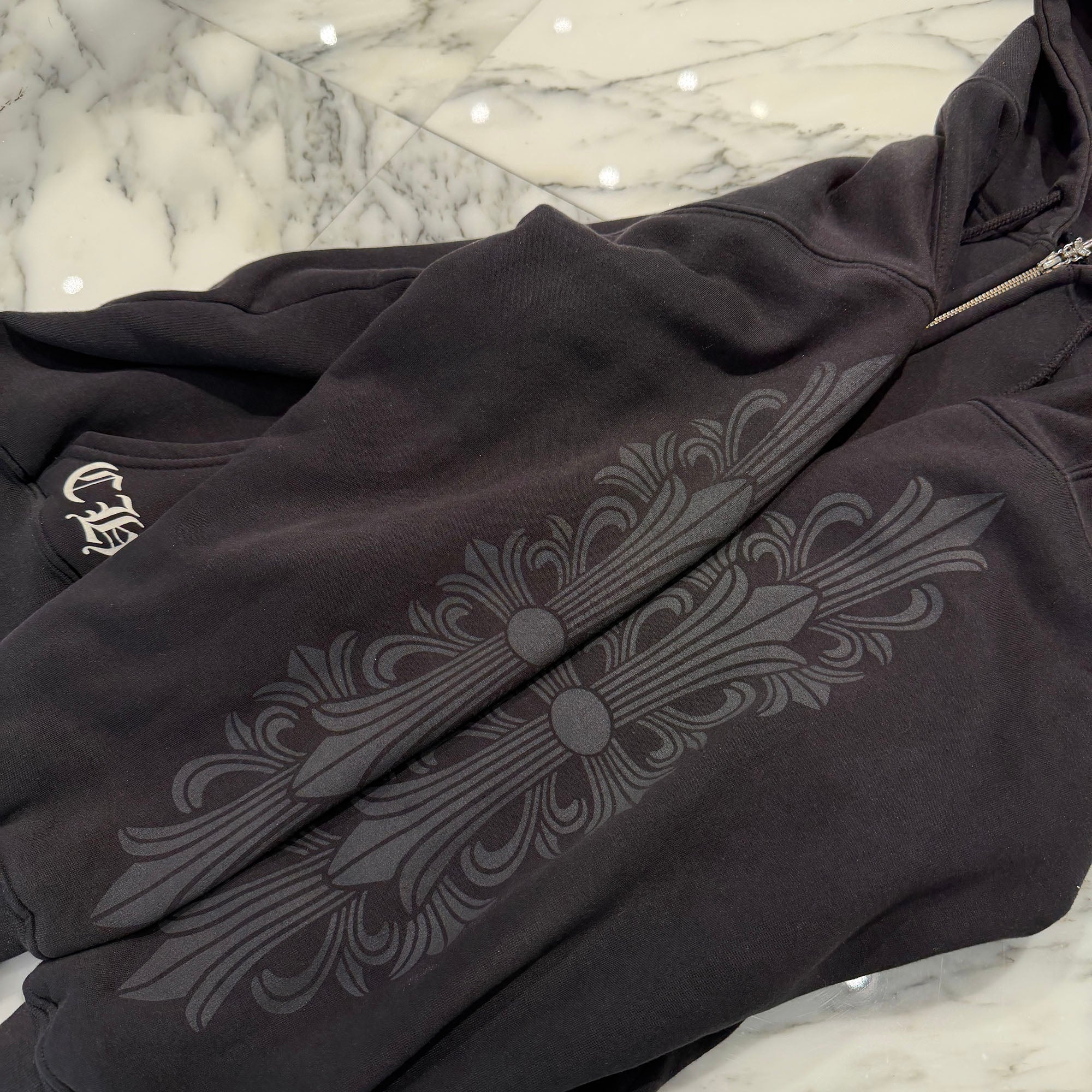CHROME HEARTS OLD Back Floral Cross Scroll Zip Up Hoodie Size L