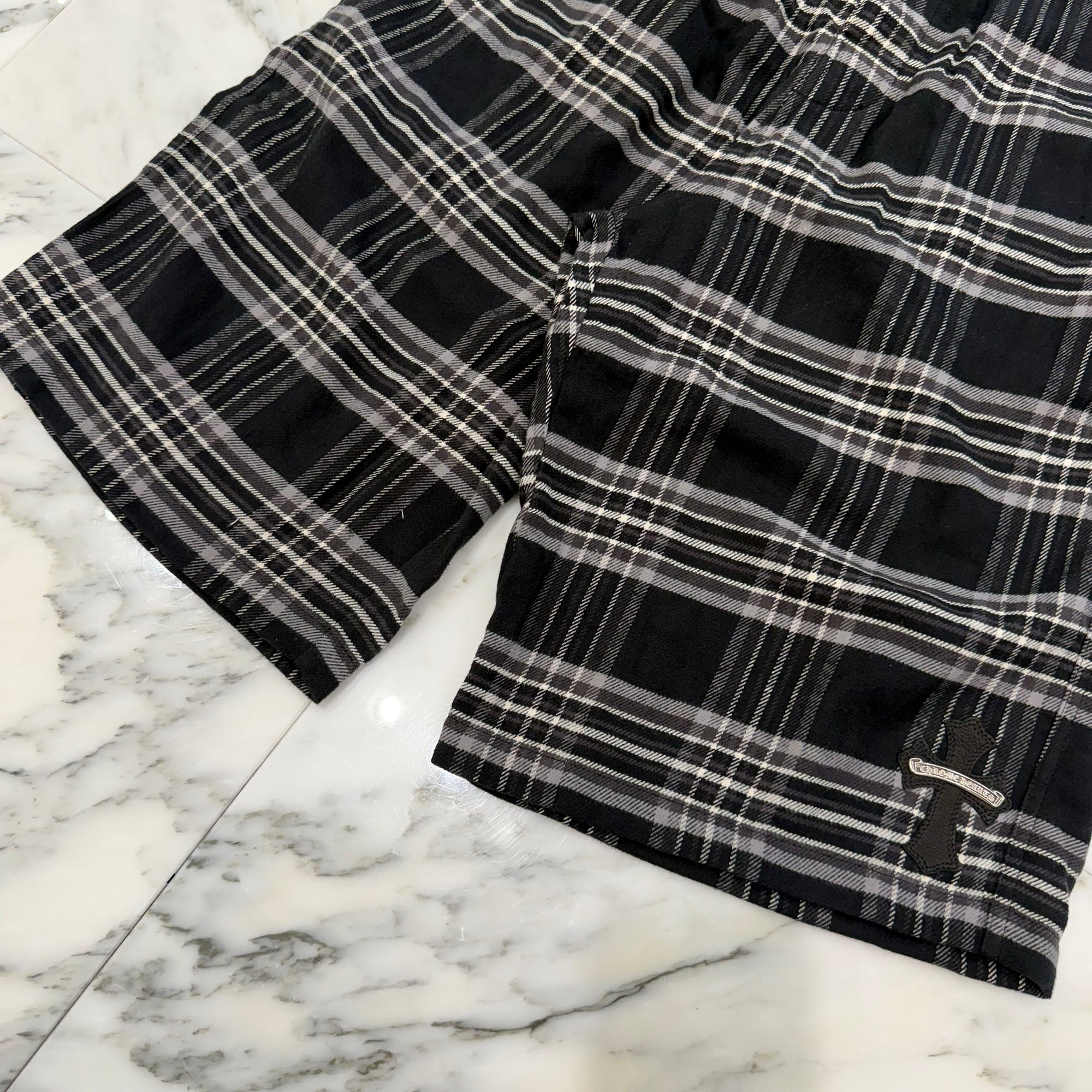 CHROME HEARTS 1 Cross Leather Patch After School Flannel Check Half Pants Size M クロムハーツ 1 クロス レザー パッチ アフタースクール フランネル チェック ハーフ パンツ サイズM