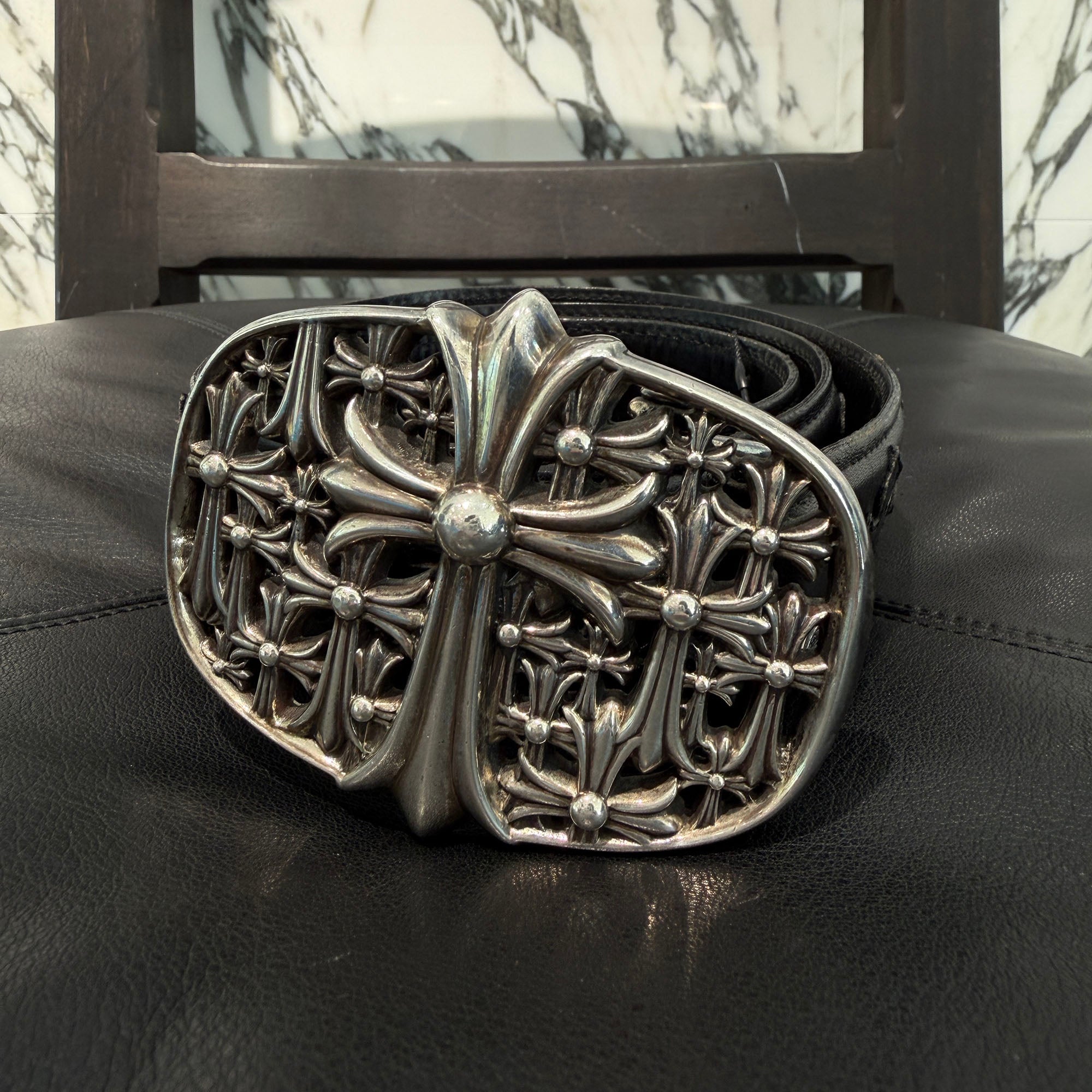 CHROME HEARTS クロムハーツ BUCKL CEMETERY 1.5 セメタリークロスバックル ベルト1.5 シルバー/ブラック CHROME HEARTS 1.5 Cemetery Cross Silver Buckle & Cemetery Cross