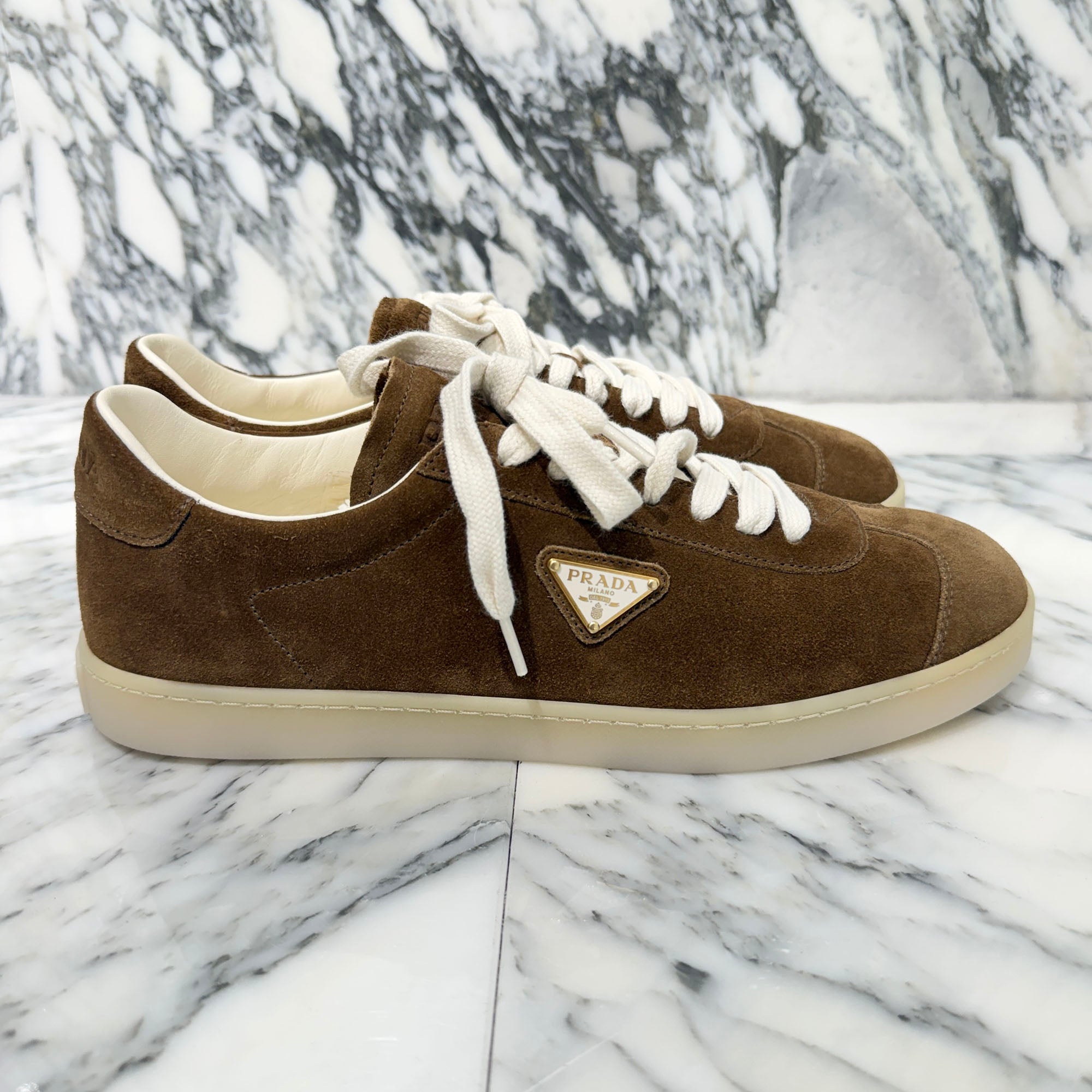 PRADA 2025AW "LANE" Triangle Logo Plate Suede Lace Up Sneakers 2EE394 Size 7.5 (約26.5cm) プラダ "レーン" トライアングルロゴプレート スエード レースアップスニーカー サイズ7.5 (約26.5cm)