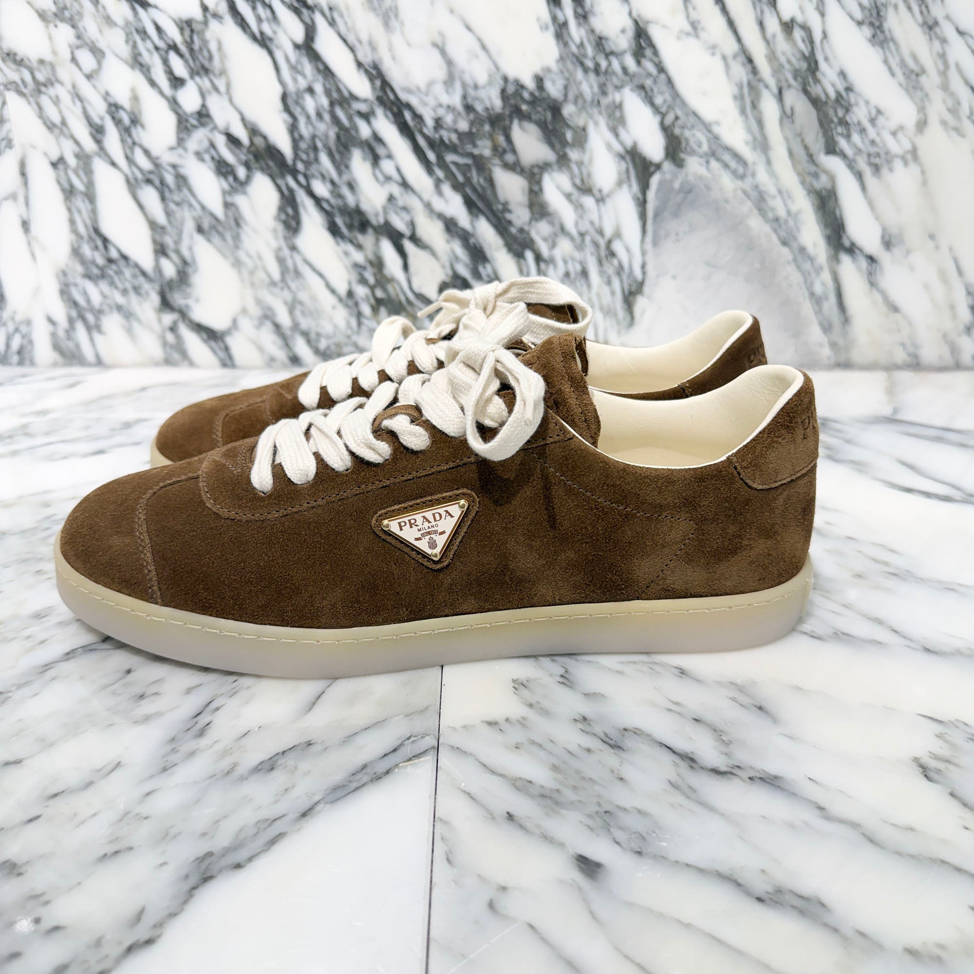 PRADA 2025AW "LANE" Triangle Logo Plate Suede Lace Up Sneakers 2EE394 Size 7.5 (約26.5cm) プラダ "レーン" トライアングルロゴプレート スエード レースアップスニーカー サイズ7.5 (約26.5cm)